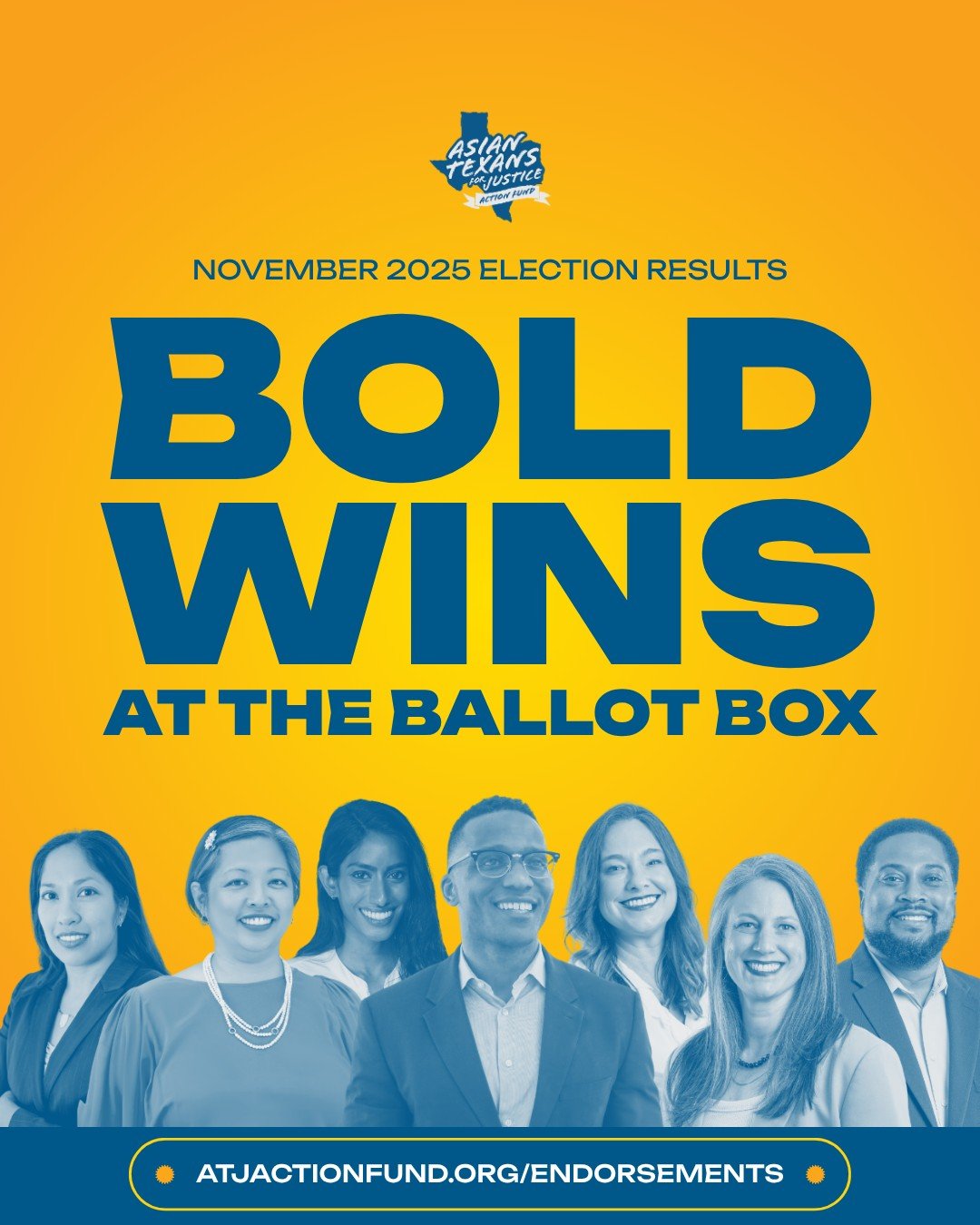 Proud to celebrate our ATJAF-endorsed candidates and winners for running campaigns that truly reflect the values and integrity of AAPI Texans. 💙💛

Running for office is never easy, but these leaders stepped up, put in the work, and showed what it m