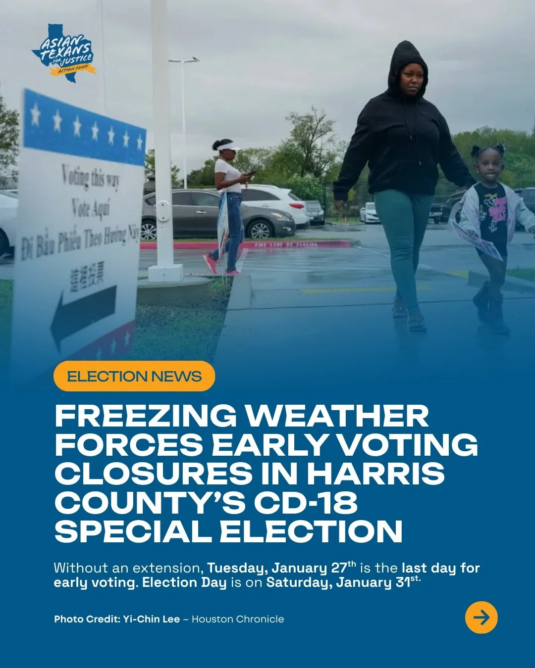 🚨 Election Update for Harris County&rsquo;s Special Run-Off Election, CD-18

Due to freezing weather conditions, early voting locations in Harris County were closed on Sunday and Monday to ensure the safety of voters and election workers during the 