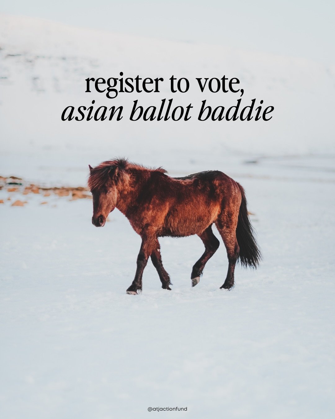Asian ballot baddie check-in 🐎✨
Are you registered to vote?

Don&rsquo;t stall your civic power! TODAY is the last day to register. Here&rsquo;s how to make it happen ⬇️
🔸 Check your VR status &rarr; tinyurl.com/checkvrstatustx
🔸 Not registered? V