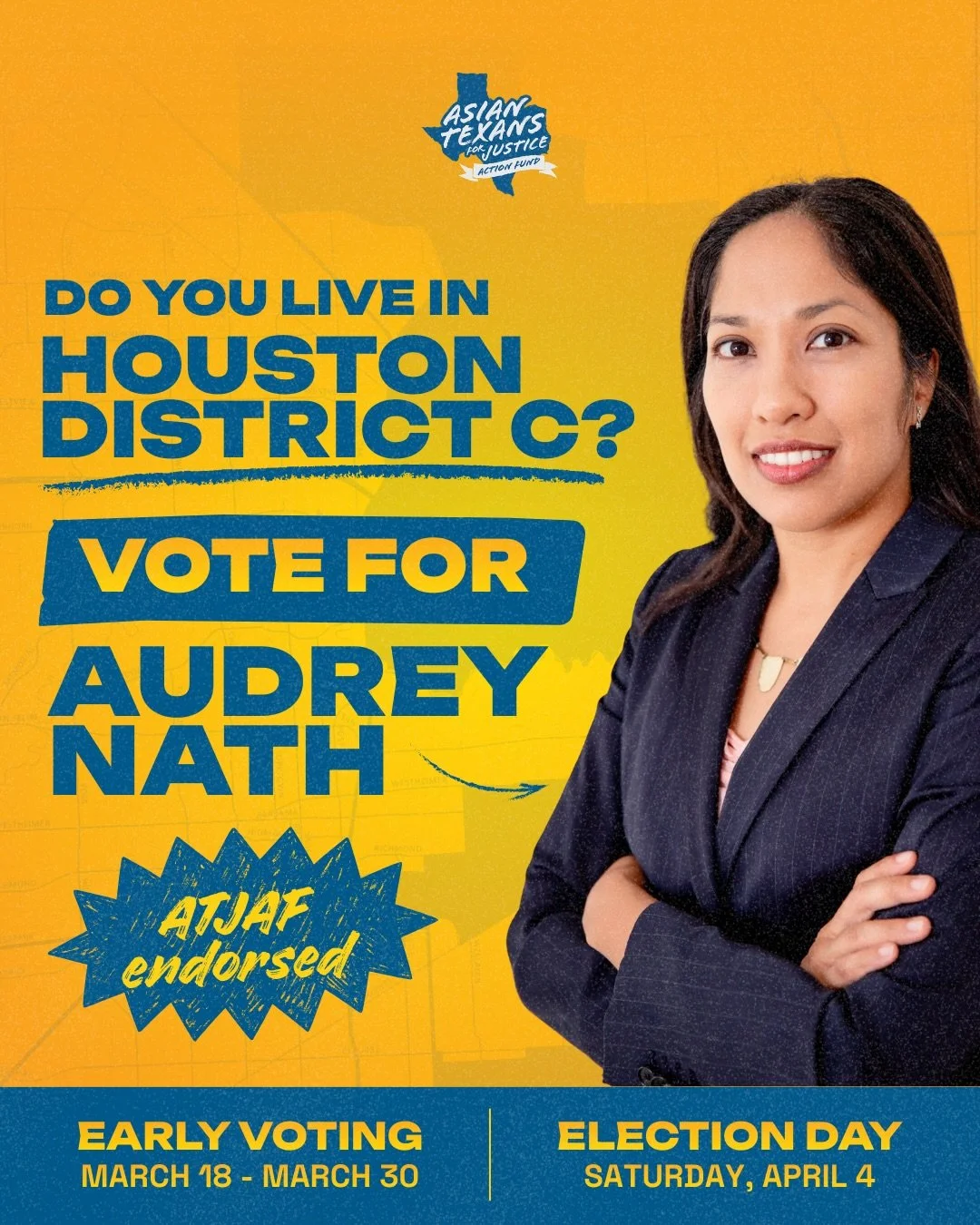 Houston District C voters &mdash; this one&rsquo;s for you.

Asian Texans for Justice Action Fund is proud to endorse Dr.Audrey Nath (@audreyforhouston) for Houston City Council District C.

Leadership that listens, serves, and represents our communi