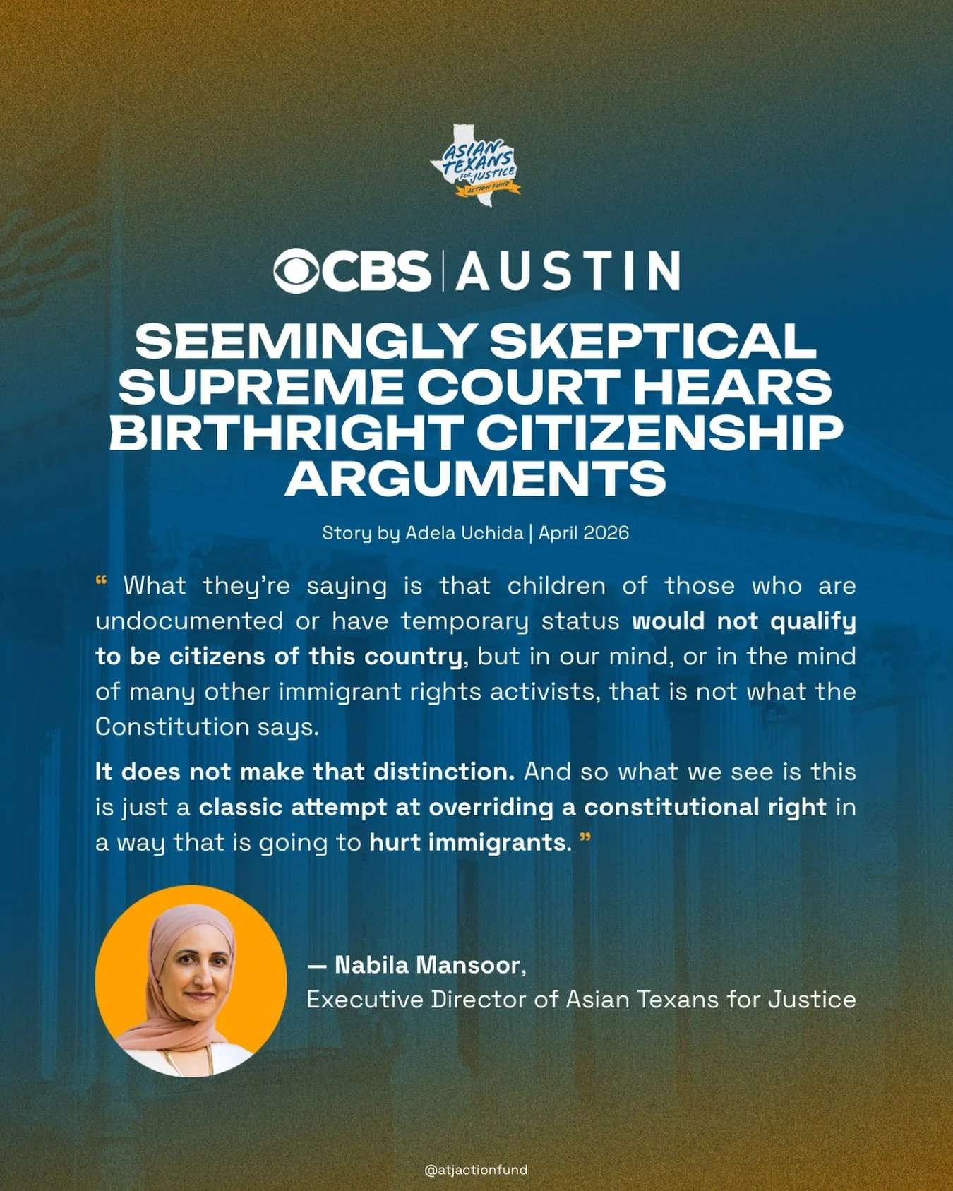 Our Executive Director, Nabila Mansoor, spoke with CBS Austin on the Supreme Court case challenging birthright citizenship.

Our communities include immigrants, mixed-status families, international students, visa holders, refugees, and first-generati