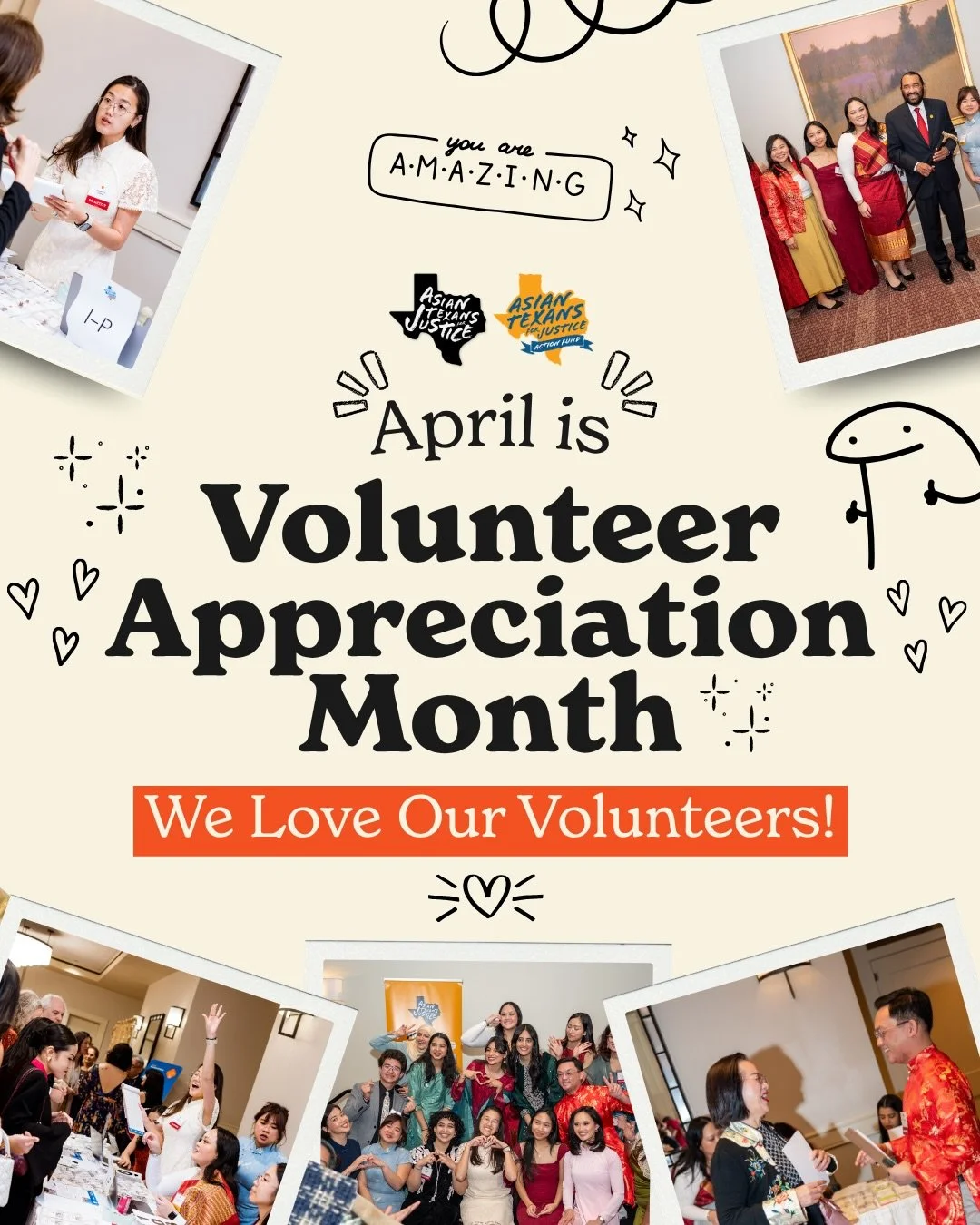 April is Volunteer Appreciation Month 💛

This year, 10 incredible volunteers helped power the ATJAF Lunar New Year Gala and strengthen our movement to build Asian Texan political power.
Their time, energy, and heart make this work possible.

Swipe t