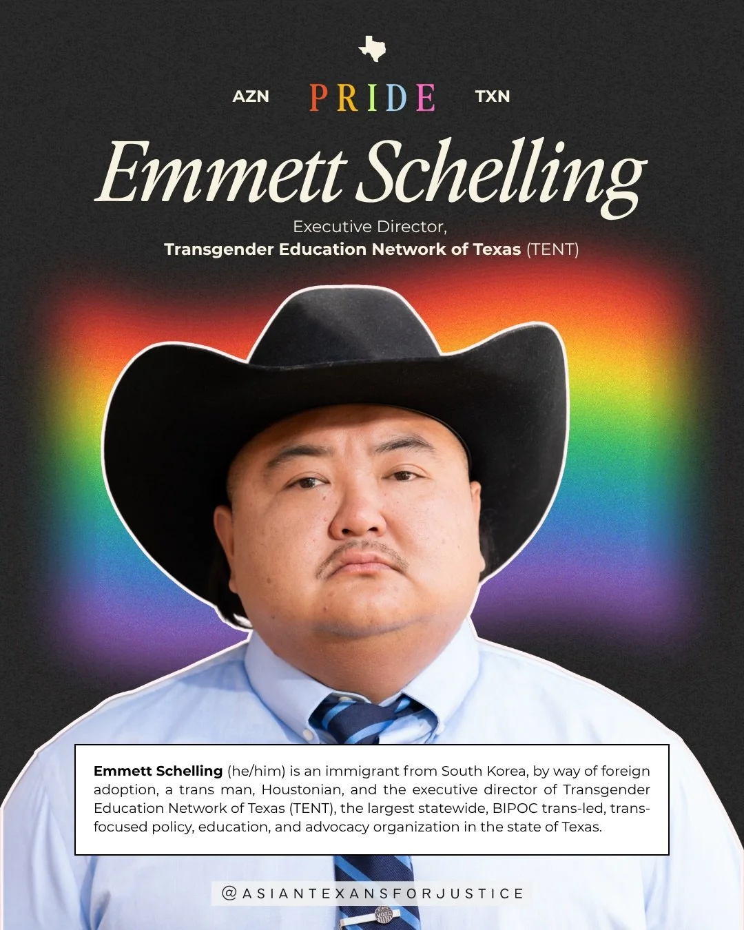🏳️&zwj;🌈 What does AAPI #Pride mean to you? 🏳️&zwj;🌈 

Emmett Schelling, Executive Director of Transgender Education Network of Texas (TENT), shares his light with us this month. @transtexas is the largest statewide, BIPOC trans-led, trans-focuse