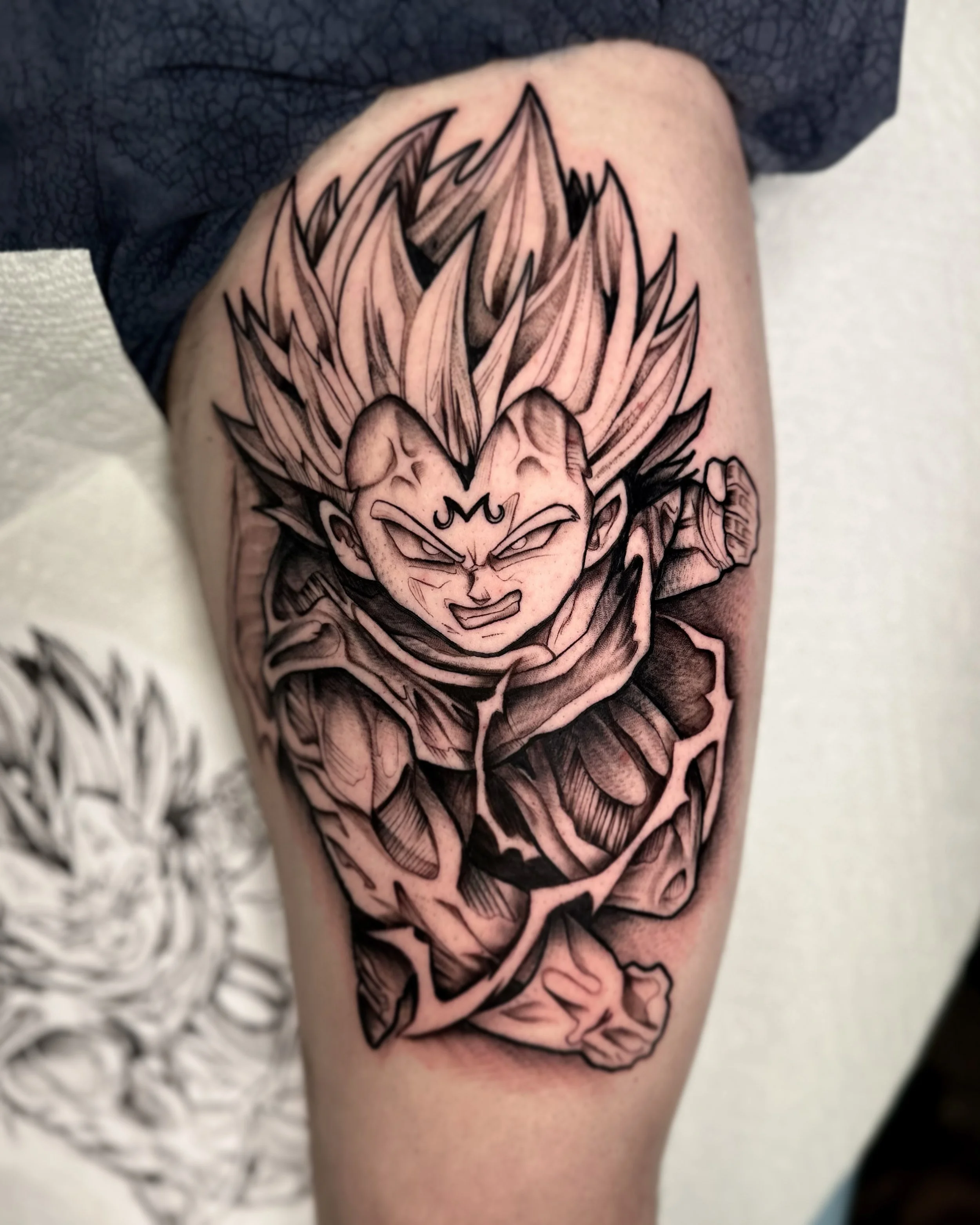 Majin Vegeta upper thigh tattoo black and grey 