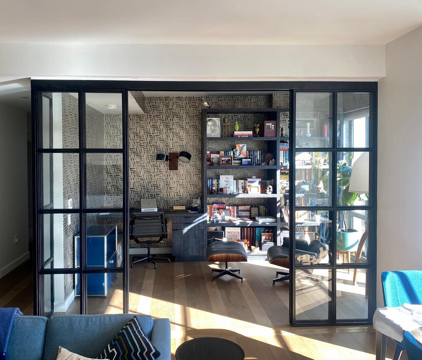 Custom steel and glass enclosure, custom bookcase &amp; new wallpaper install for a client in Downtown Brooklyn. @tinaramchandani 

.

#urbanstandard #designblogger #homesweethome #homedesign #home #apartments #realestate #contractor #construction #l