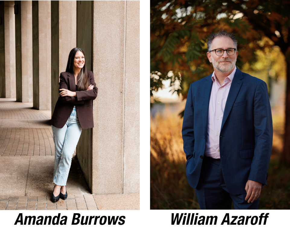 A photo of Amanda Burrows on the left with the text "Amanda Burrows" underneath, and a photo of William Azaroff on the right with the text "William Azaroff" underneath.