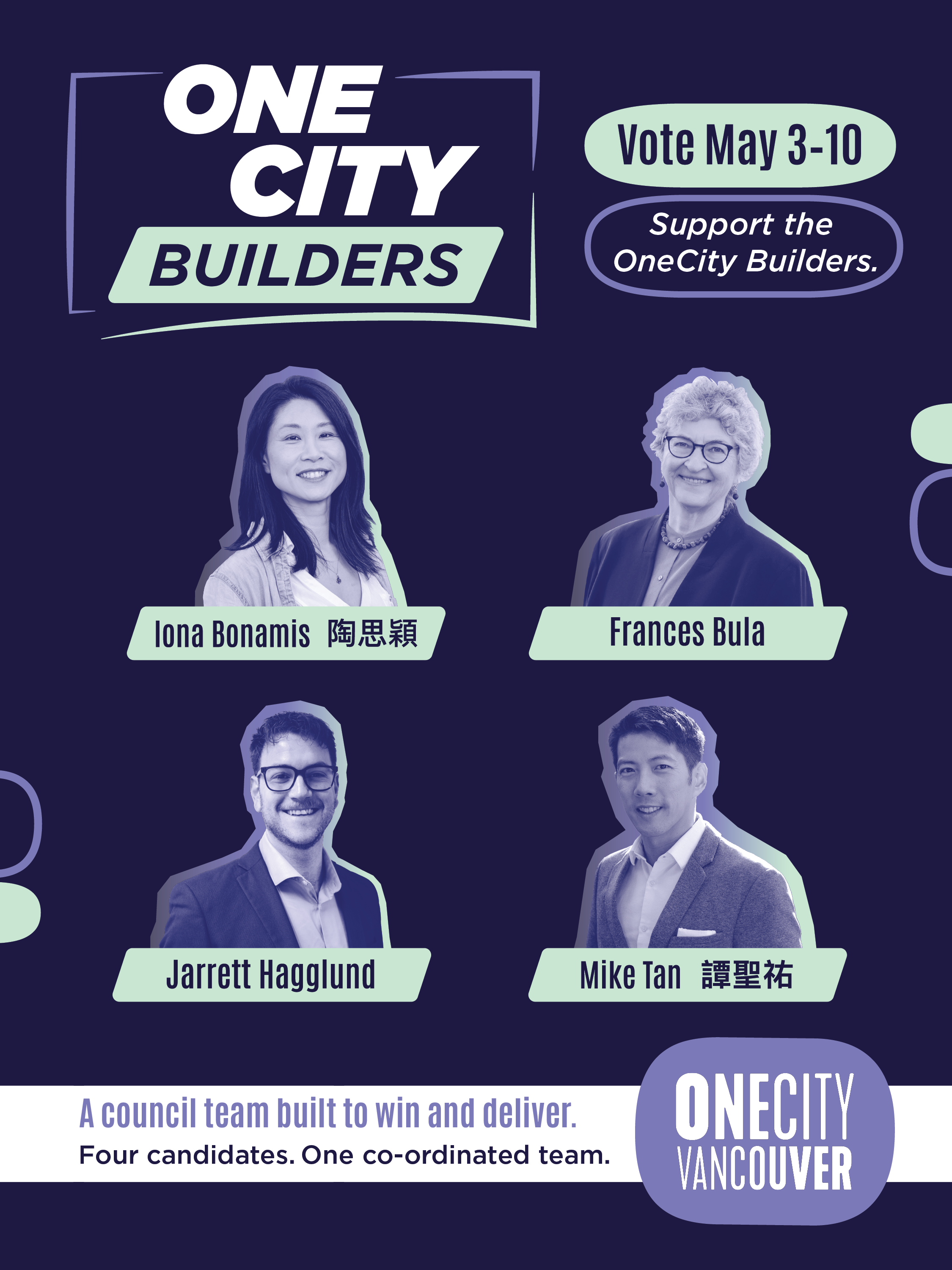 OneCity Builders - Iona Bonamis 陶思穎, Frances Bula, Jarrett Hagglund, and Mike Tan 譚聖祐. Vote May 3-10. Support the OneCity Builders. A council team built to win and deliver. Four candidates. One co-ordinated team.