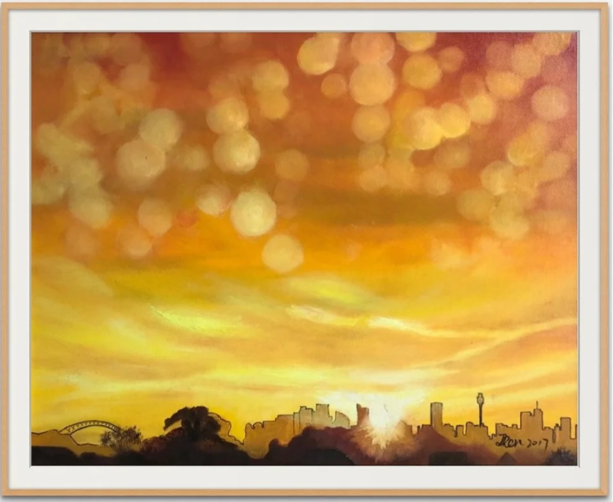 Sydney Morning No. 3, an oil painting by Jingmin Ren depicting golden sunrise light above the Sydney skyline.