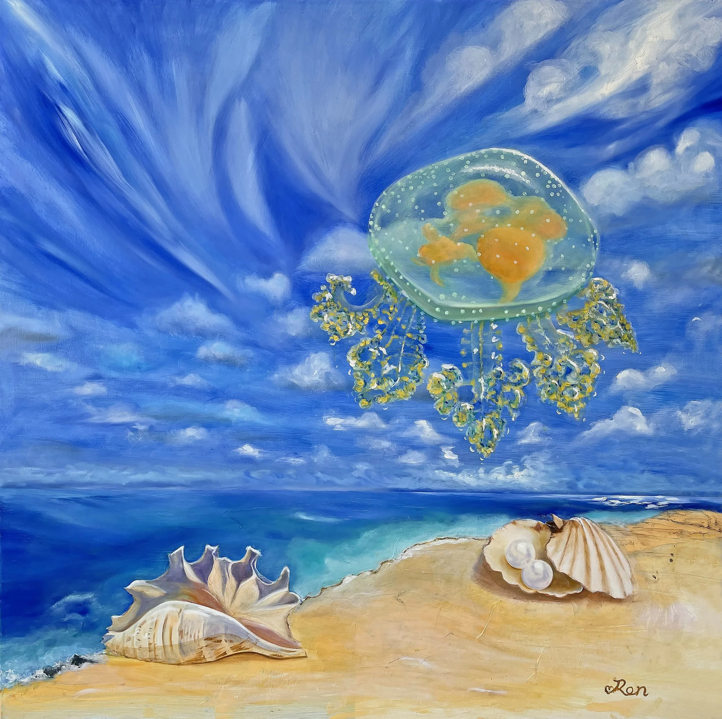 Sea Birth《海洋诞生》by Jingmin Ren 任静敏, a spiritual energy painting depicting a luminous floating life form above the ocean and seashells.