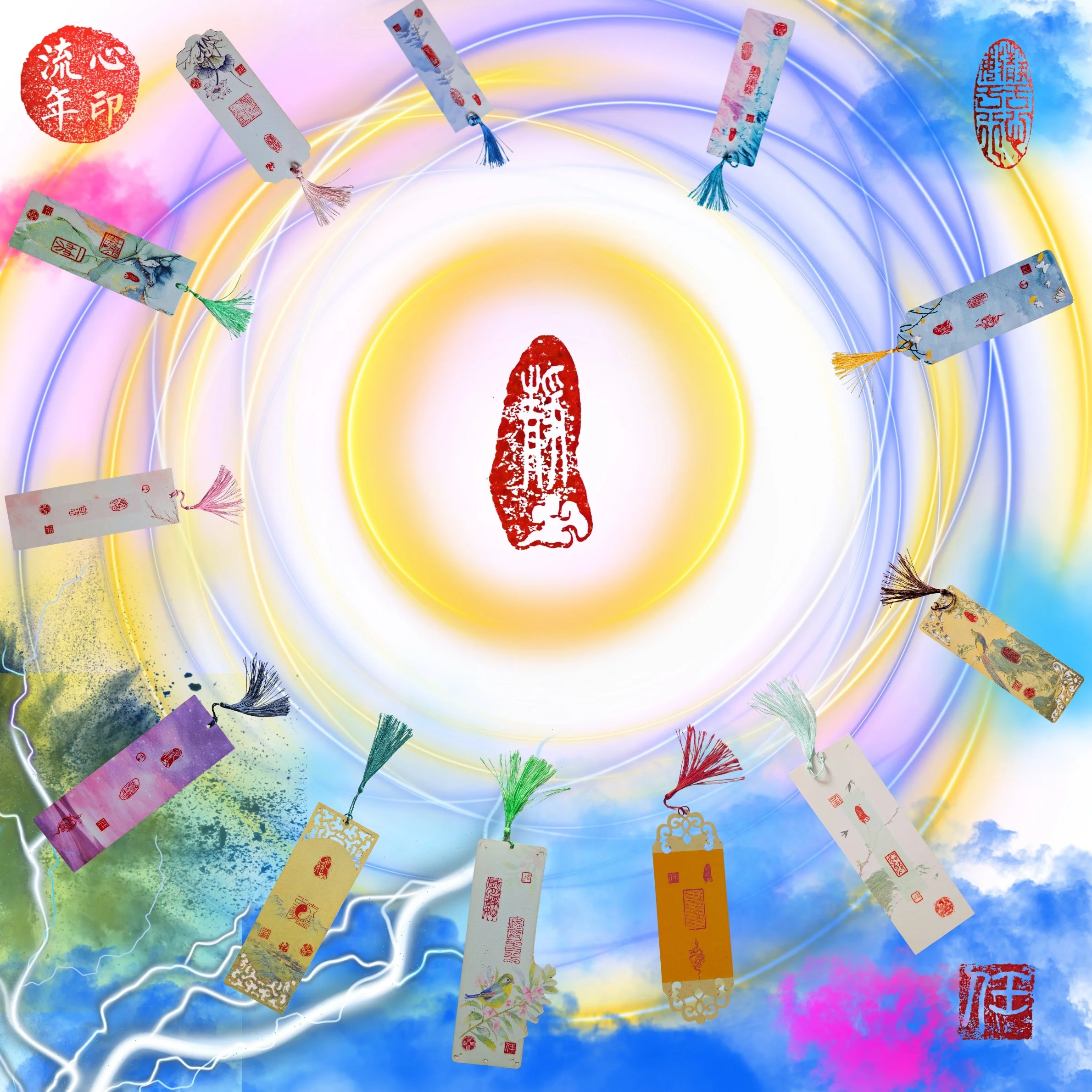 JING (静) — Stillness by Jingmin Ren: red Chinese seal impressions and hanging bookmark forms against flowing blue, yellow and violet bands.