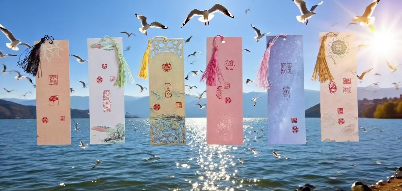 Chinese seal-imprinted bookmarks from Jingmin Ren 任静敏’s XINYIN LIUNIAN® | 心印流年 series displayed above sunlit water with flying birds.