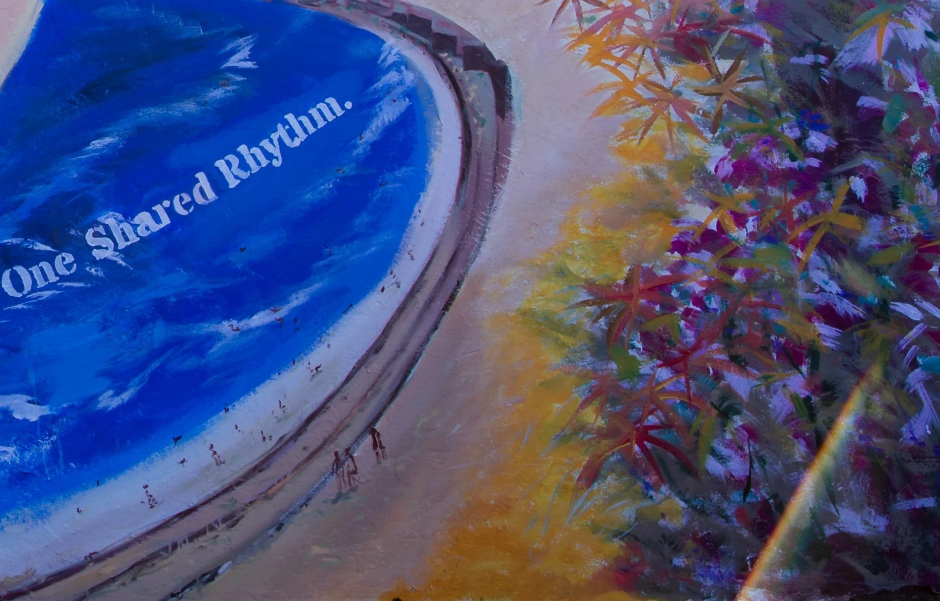 Detail of Bondi’s curved coastline, ocean and seasonal vegetation in Jingmin Ren 任静敏’s Solar Longitude – Time Orbit.