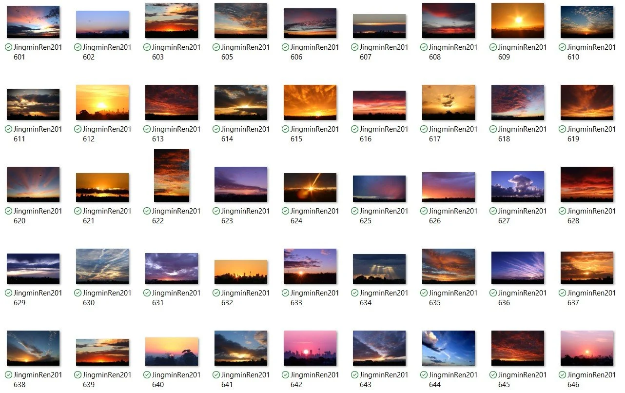 A selection from Jingmin Ren’s long-term photographic observation of Sydney sunrises, begun in 2015, documenting changing light, atmosphere and natural cycles over time.