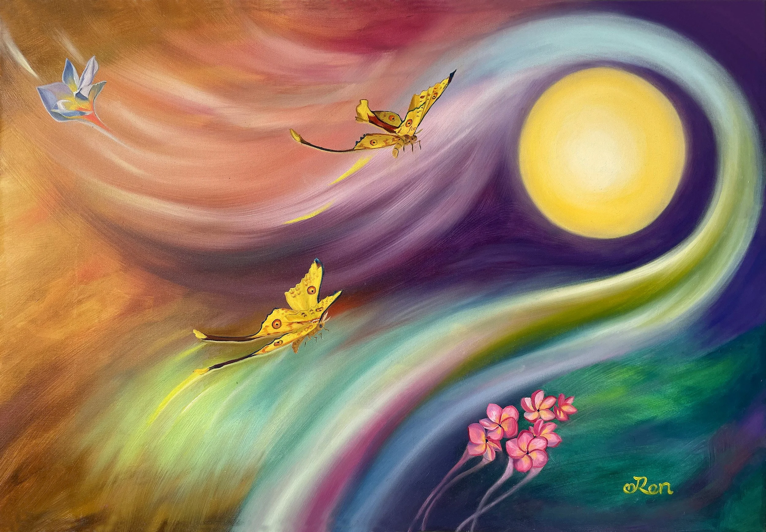 Transcending from the Flow of Light Series, an oil painting by Jingmin Ren exploring light, movement, transformation and spiritual energy.