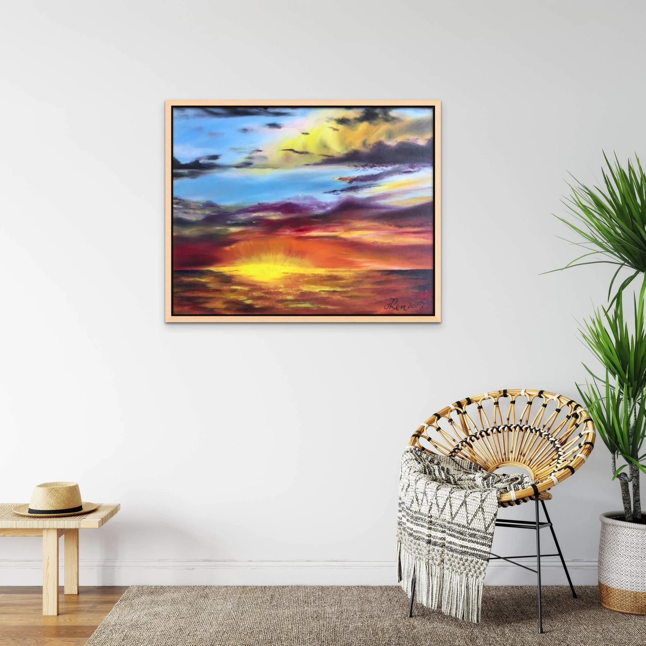 Jingmin Ren’s Sydney Morning 2, a contemporary painting inspired by Sydney morning light and the changing natural environment, displayed in an interior setting.