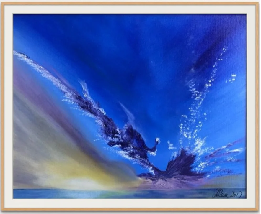 Sydney Morning No. 6《悉尼清晨6号》by Jingmin Ren 任静敏, an oil painting capturing a dramatic blue sky, sweeping clouds and luminous sunrise light over Sydney.