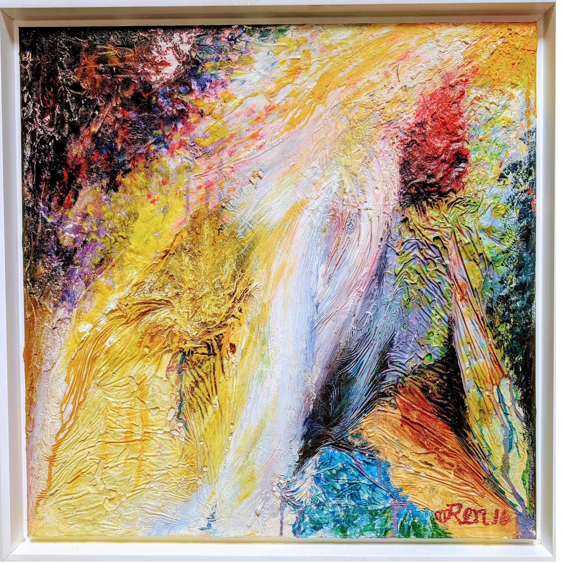 Water of Life I by Jingmin Ren, an abstract mixed-media artwork with flowing white, gold and blue forms exploring water, light and visible and invisible energy.