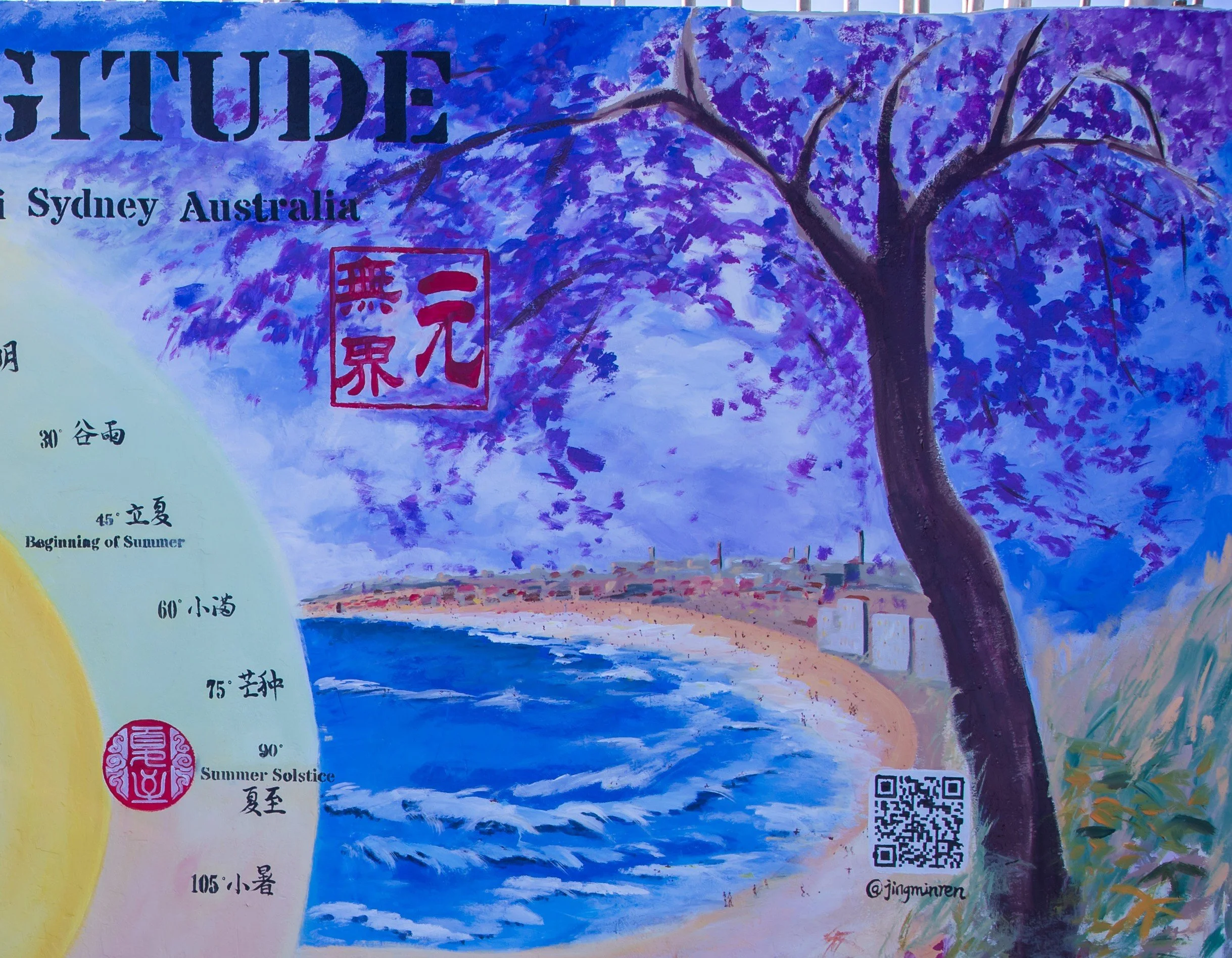 Jacaranda blossoms and the Bondi coastline in Jingmin Ren 任静敏’s Solar Longitude – Time Orbit, connecting Sydney’s seasonal landscape with Solar Longitude.