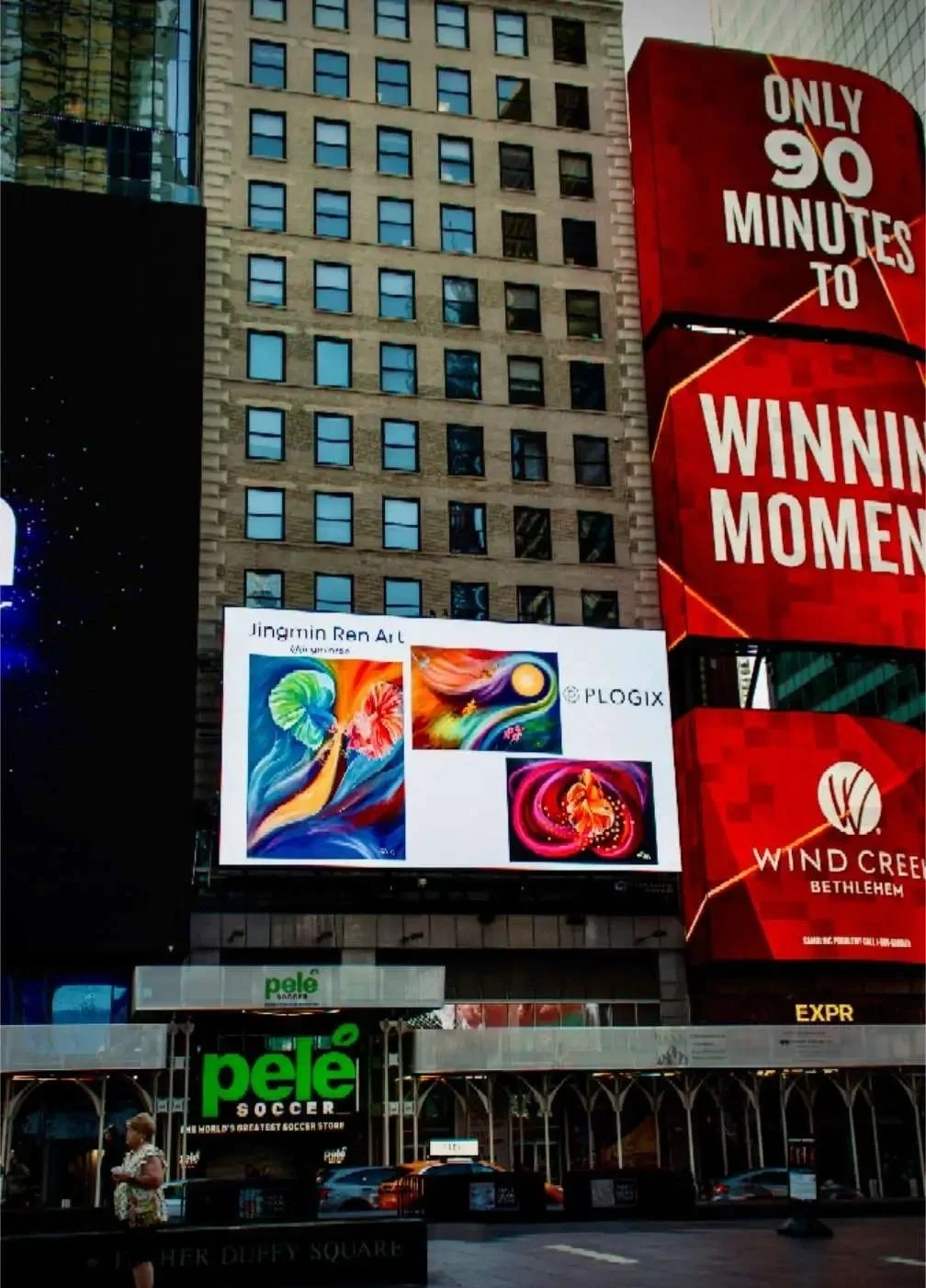 Flow of Light artworks by Jingmin Ren presented on a digital billboard in Times Square, New York, in 2024.
