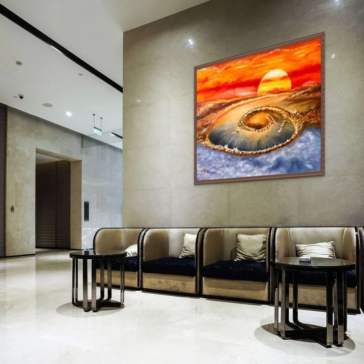 Jingmin Ren’s Eye of Time, a Spiritual Energy Art painting exploring time, light and inner perception, presented in a contemporary interior setting