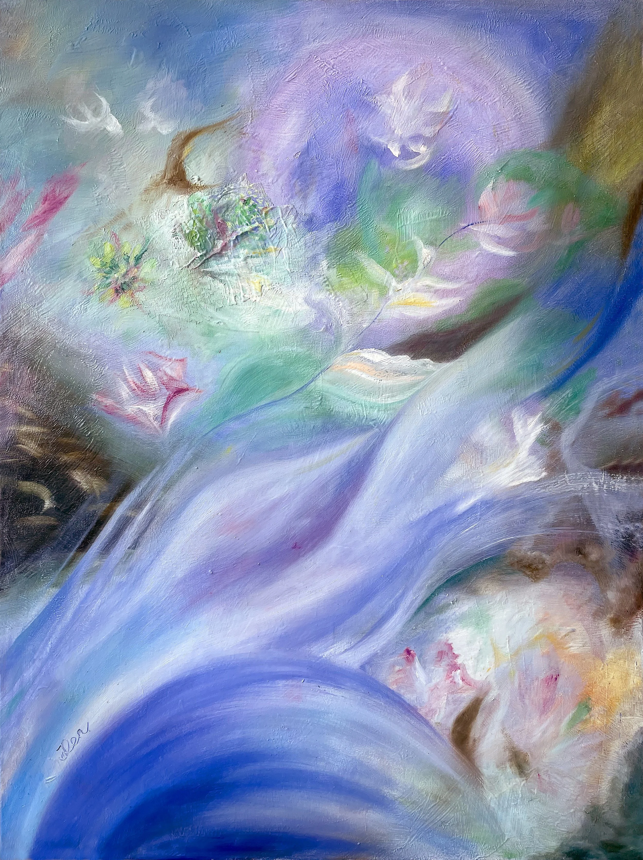 Dreamland from the Flow of Light Series, an abstract oil painting by Jingmin Ren exploring flowing colour, light and imagined space.