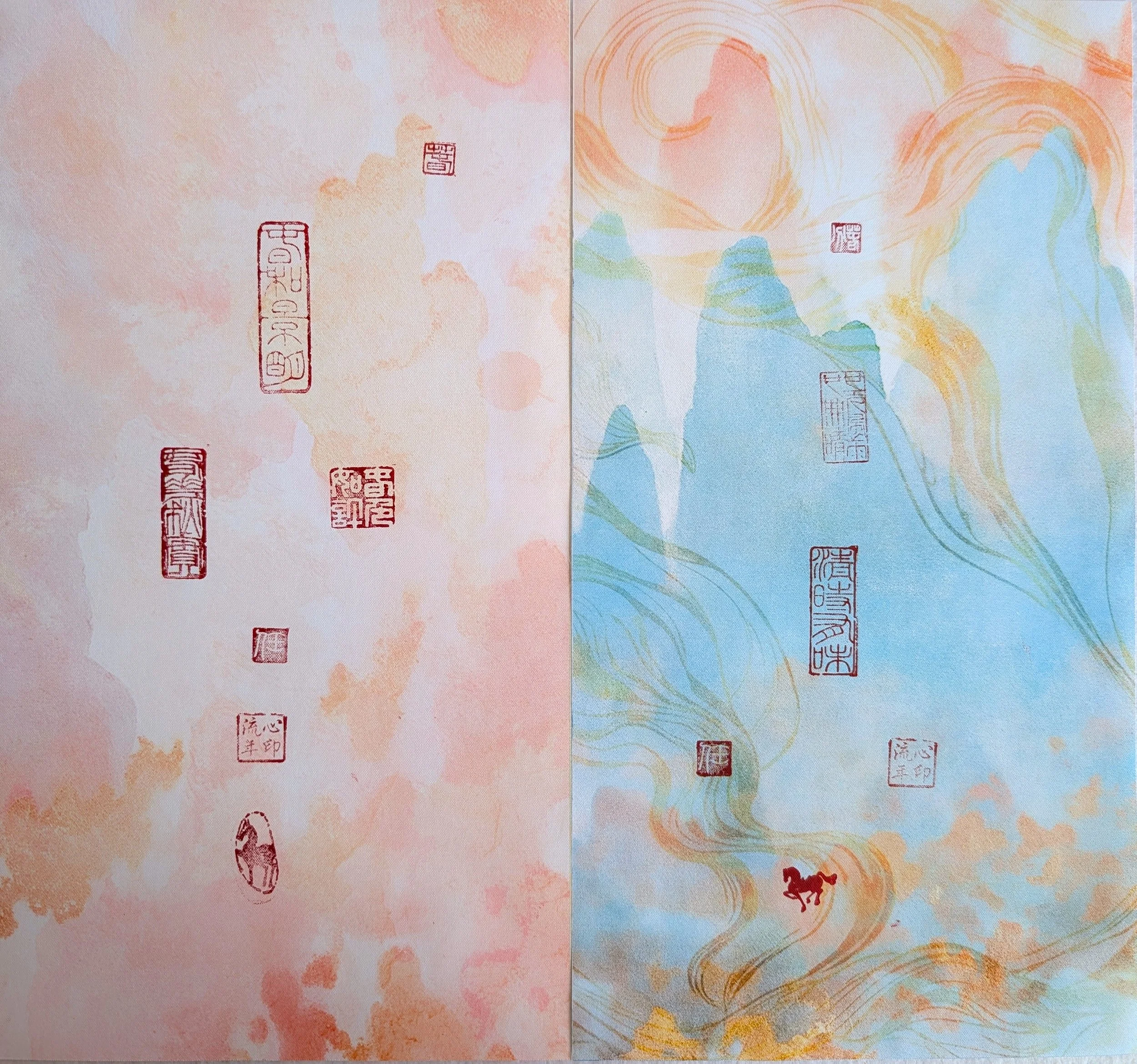 Two Spring Equinox works from Jingmin Ren’s XINYIN LIUNIAN® | 心印流年 series, combining Chinese seal imprints on silk with contemporary compositions exploring spring, seasonal change and lived time.