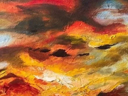Detail of Sydney Morning No. 1 by Jingmin Ren, showing layered brushwork and vivid colours inspired by Sydney’s morning sky.