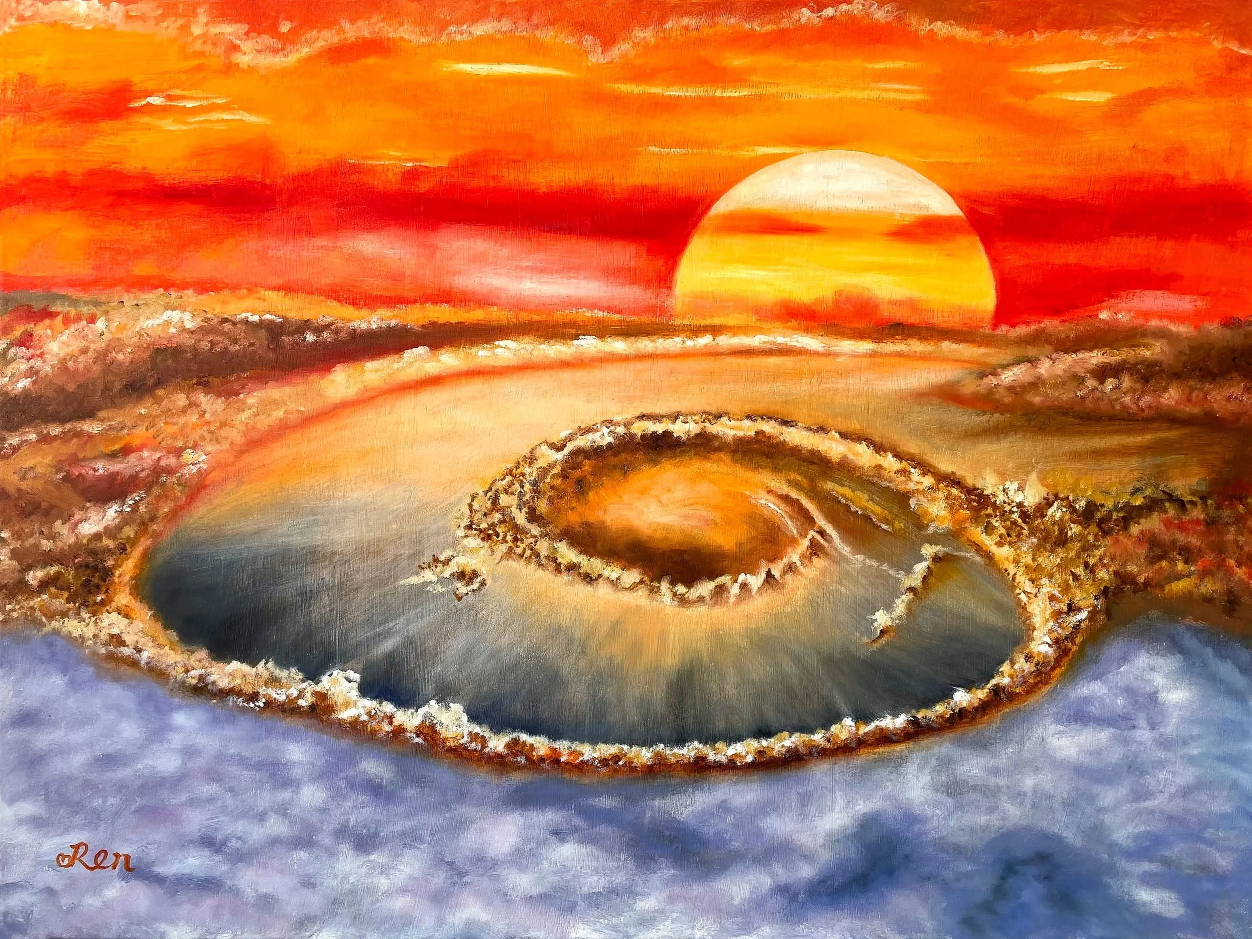 Eye of Time from the Flow of Light Series, an oil painting by Jingmin Ren exploring light, time, spiritual energy and imagined cosmic space.