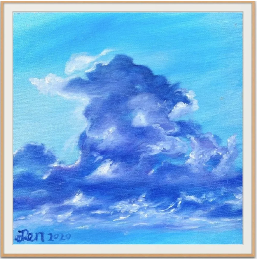 Cloud Series No. 3, an oil painting by Jingmin Ren depicting a sculptural blue cloud against a luminous sky.