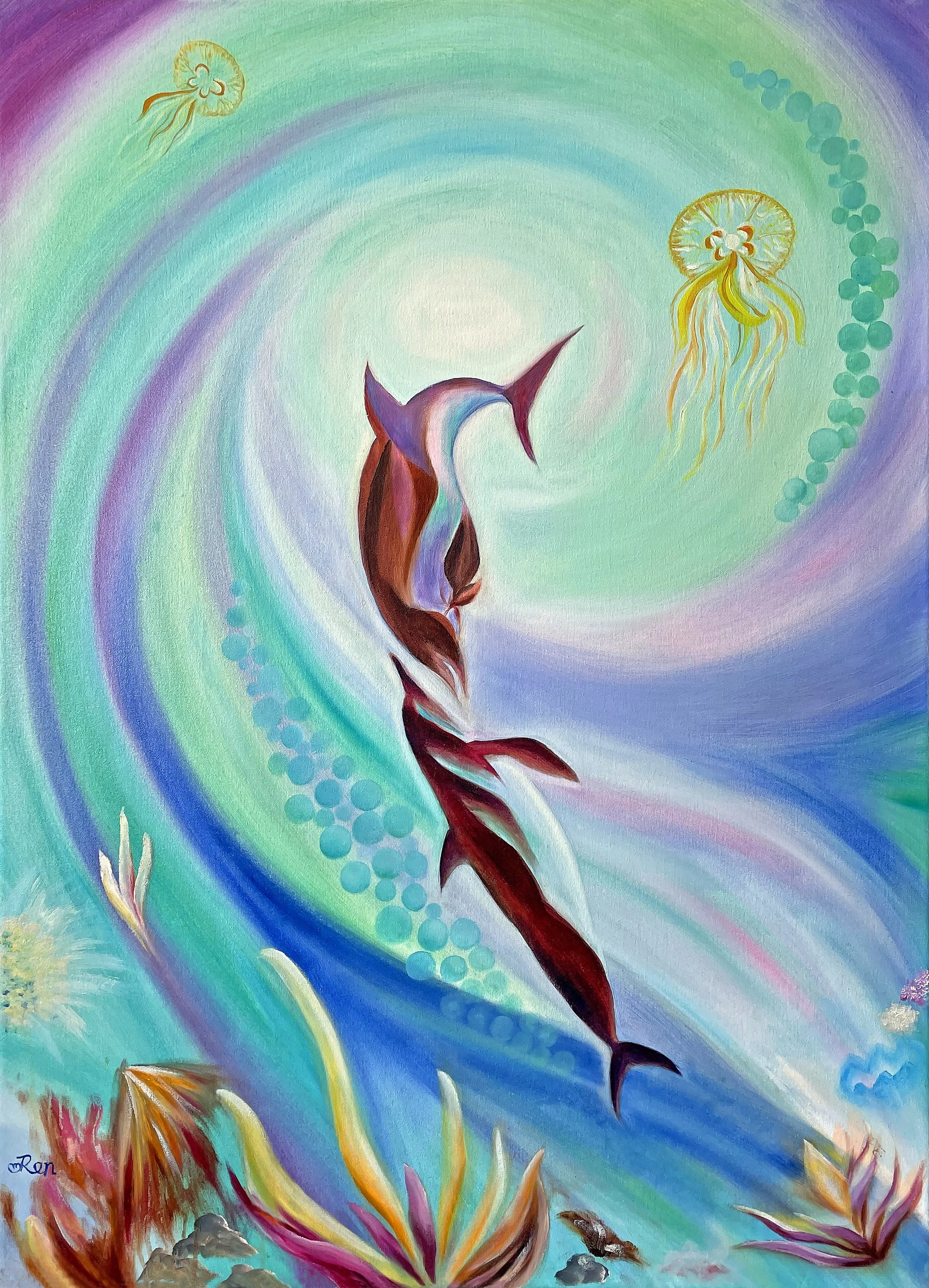 Yin and Yang from the Flow of Light Series, an oil painting by Jingmin Ren depicting dolphins moving through a luminous oceanic world.