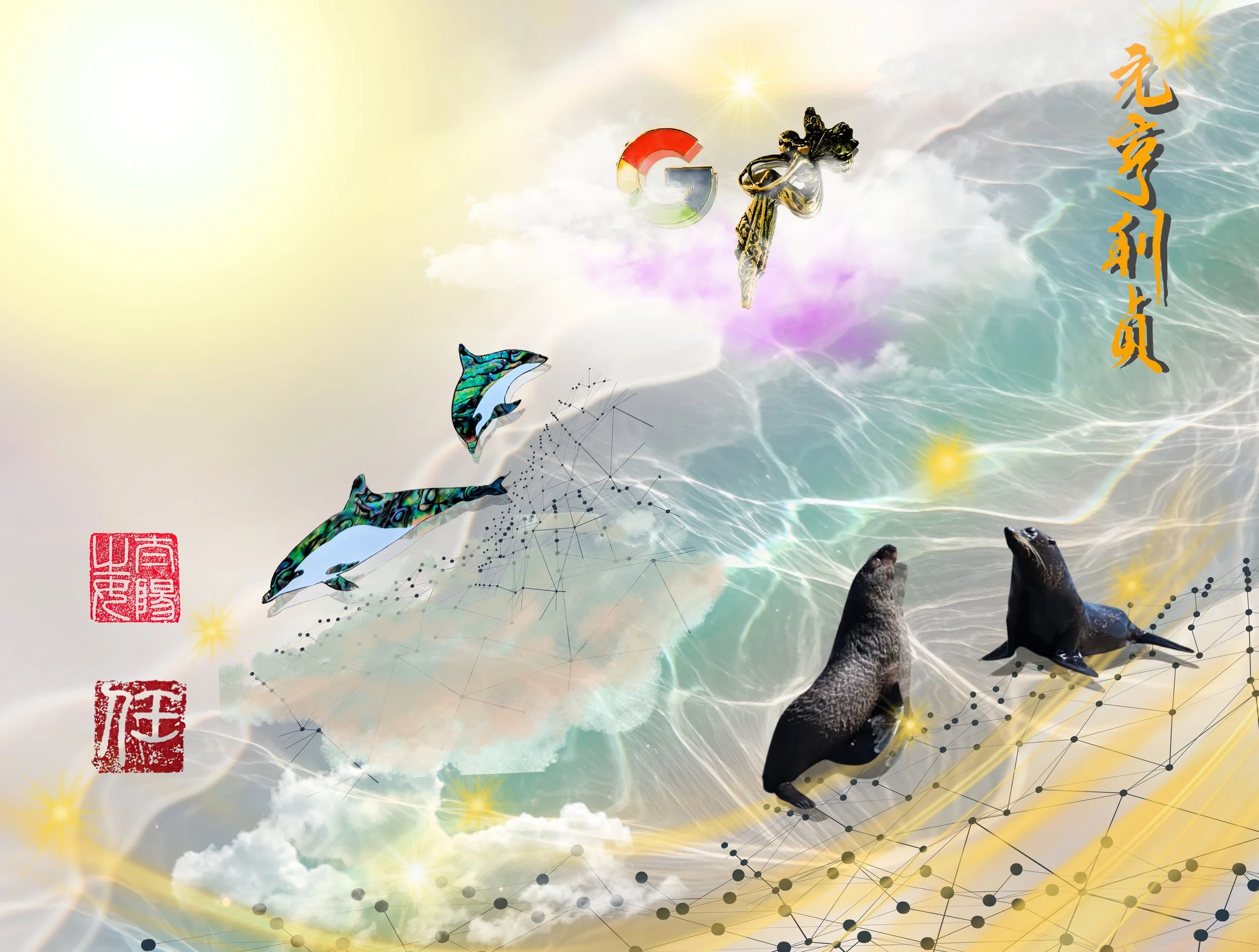 Yuan Boundless – Yuan Heng Li Zhen, a 2026 mixed-media artwork by Jingmin Ren combining Chinese calligraphy, seals, marine life, water and interconnected spatial forms.