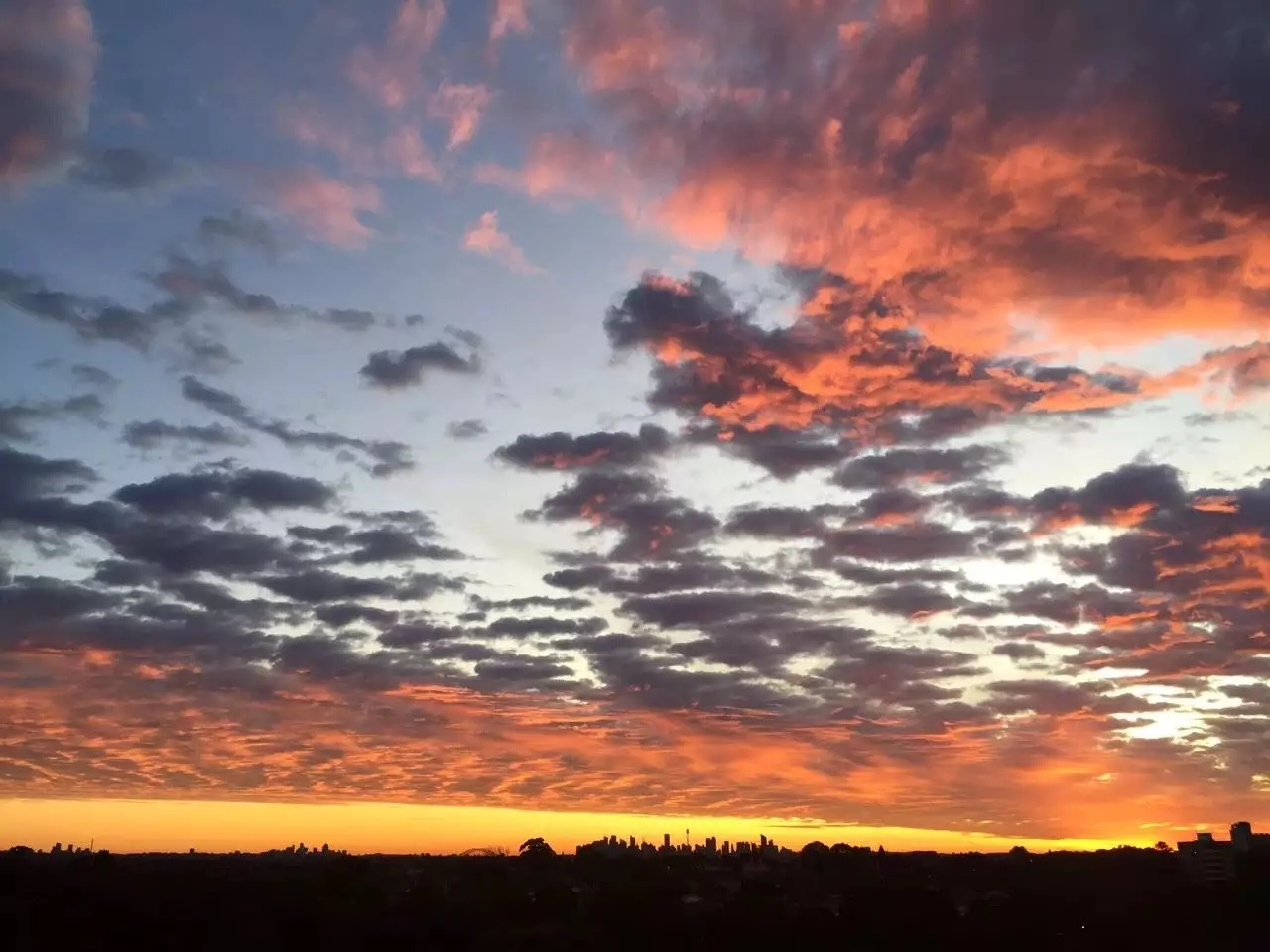Red and grey clouds illuminated at sunrise above the Sydney skyline, photographed by Jingmin Ren.
