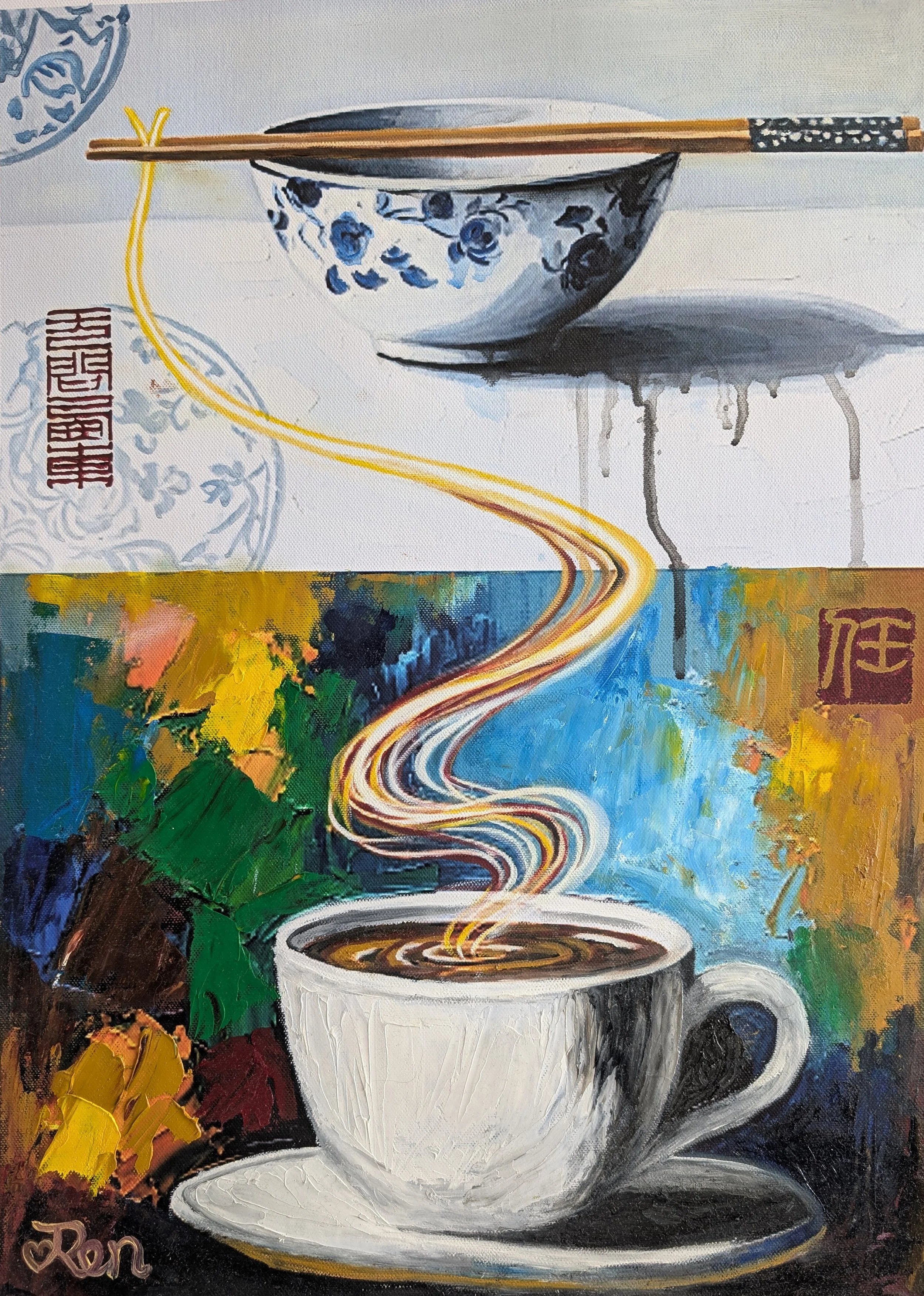 Steam of Life – Without Asking East or West 1, a 2025 mixed-media painting by Jingmin Ren depicting coffee, noodles, chopsticks, Chinese seal impressions and a flowing line.