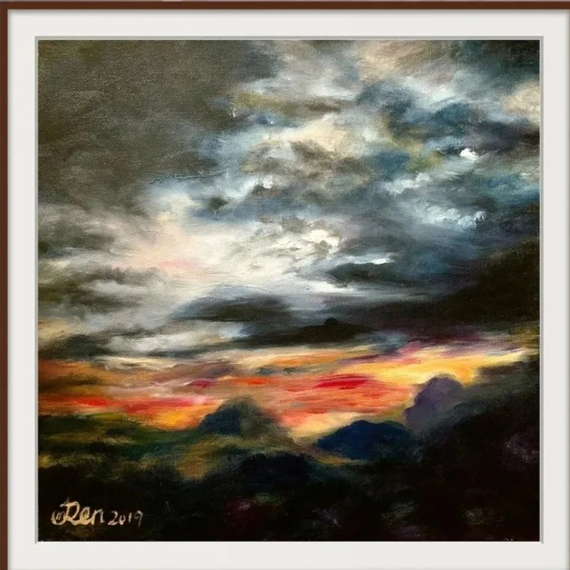 Cloud Series No. 6, an oil painting by Jingmin Ren depicting dramatic clouds illuminated by the morning horizon.