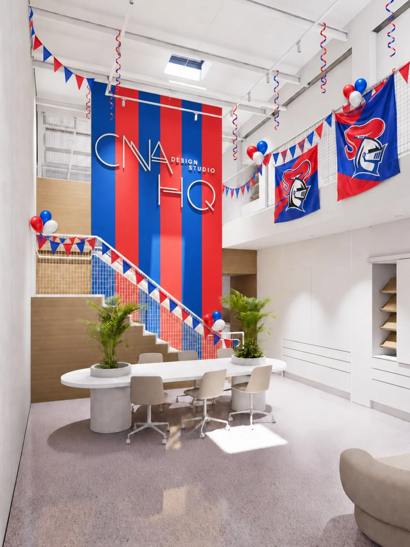 The excitement and @nrlknights spirit across our community has been incredible in the lead up to the Grand Final🔴🔵
&nbsp;
We might not be in our office while renovations are underway, but if we were, this is how we imagine we could decorate to cele
