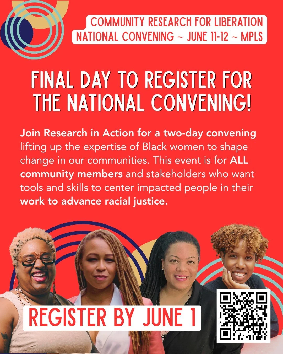 It's the FINAL DAY to get your tickets to the Community Research for Liberation National Convening and Advancing Equity in Action Gala! Don't miss the chance to be part of the inaugural year! Link in bio to learn more and register!
