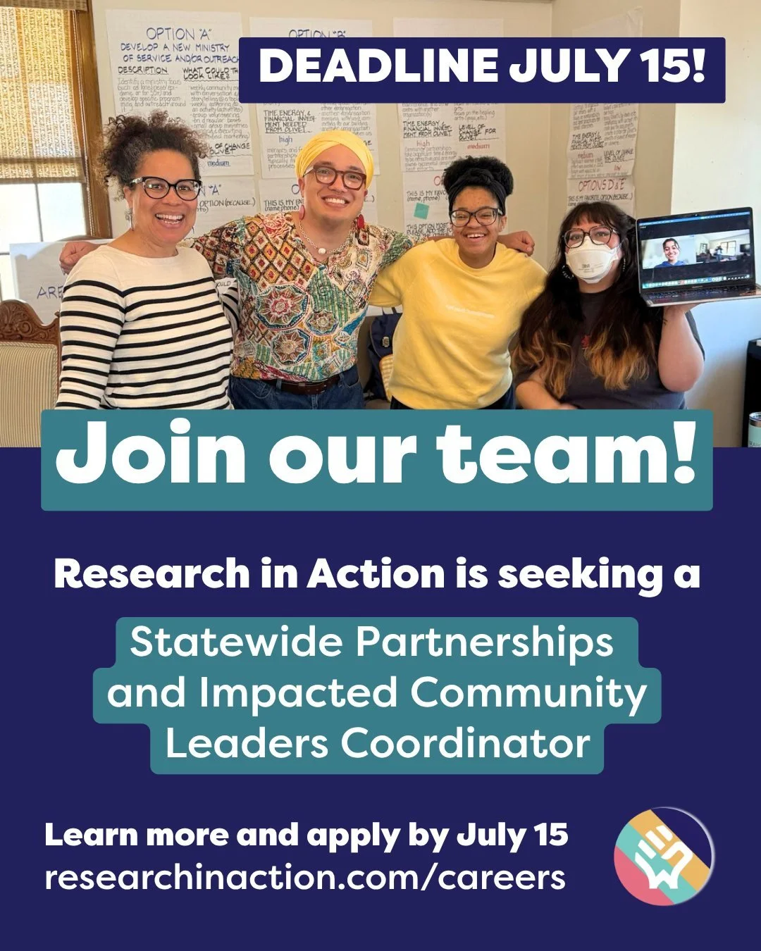 **UPCOMING DEADLINE** Research in Action is seeking a Statewide Partnerships &amp; Impacted Community Leaders Coordinator to continue building long-term, trusted relationships with community-led organizations, leaders, and healers! Applications are d