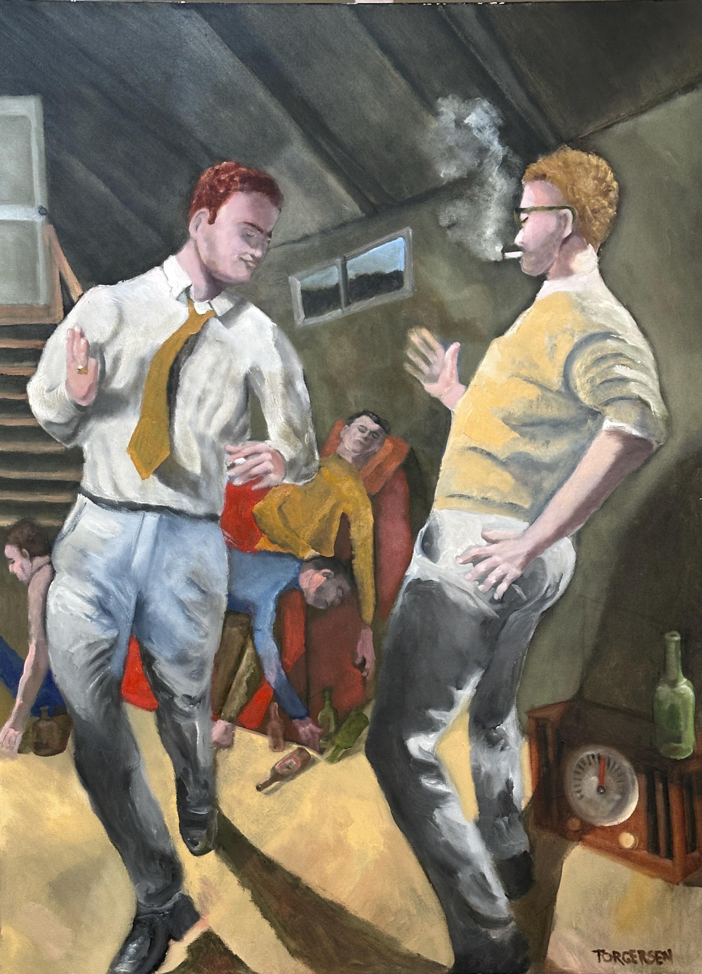 "The Fraternity Party" 48"h/36"w, oil on canvas, 2020. Contact for inquiries.