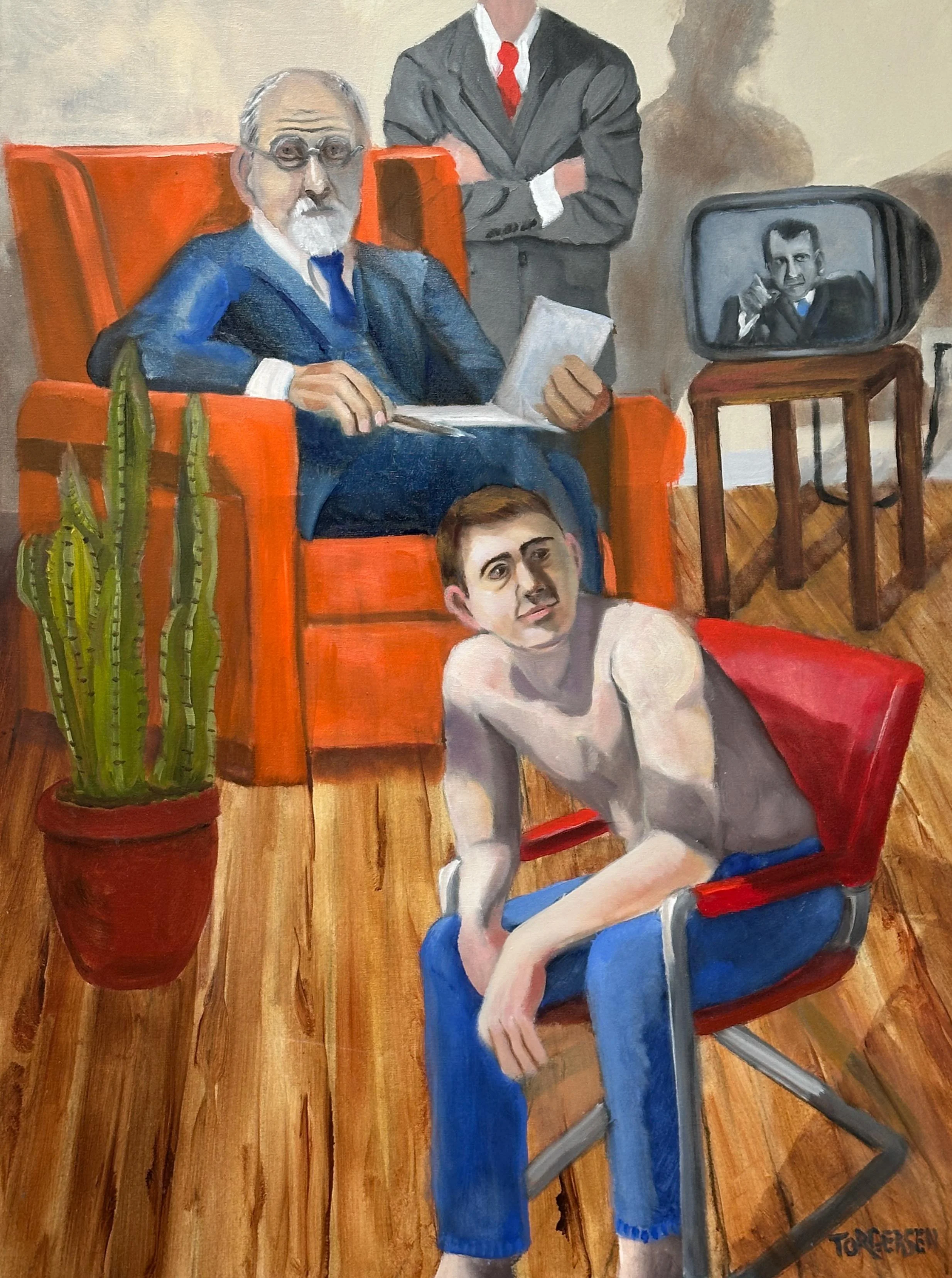 "Freud, Nixon, and Me" 48"h/36" w, mixed media on canvas, 2026. Contact for inquiries.