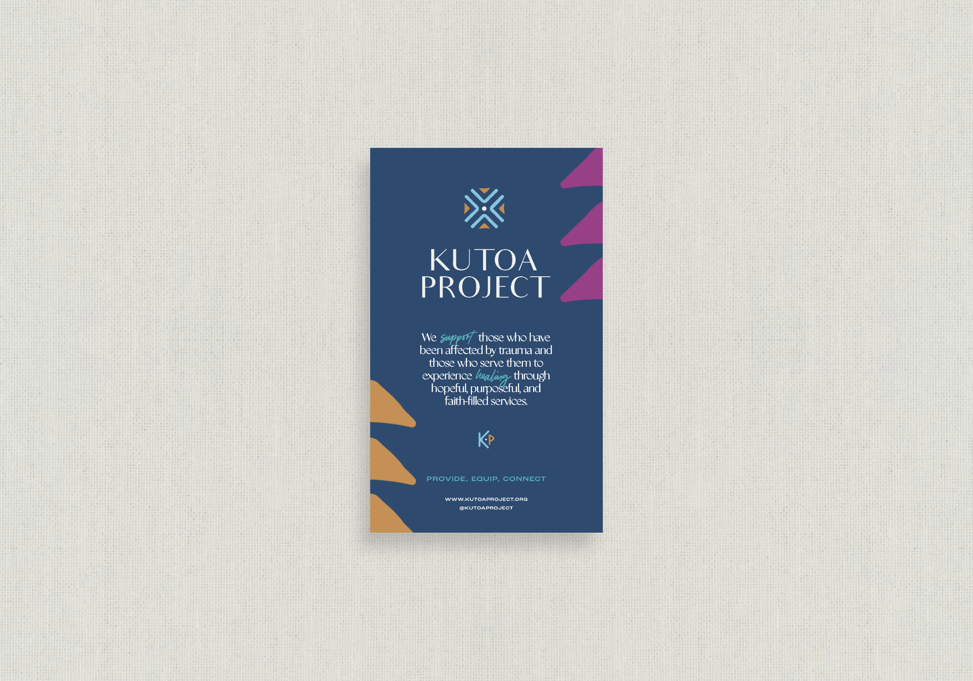 A vertical flyer for the Kutoa Project with a navy background and purple, beige, and blue accents. It includes the project logo at the top, followed by a description about supporting trauma-affected individuals. The flyer contains a mission statement and website information at the bottom, with the hashtags #provide, #equip, and #connect.