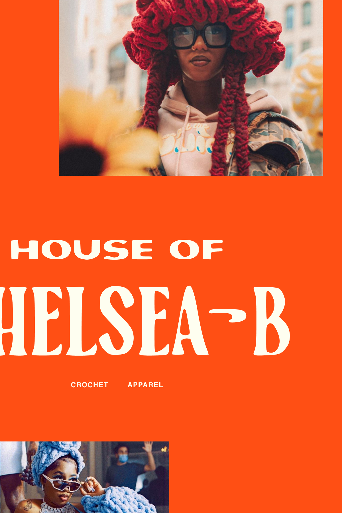 Cover of a crochet apparel catalog titled 'House of Chelsea B' with images of women wearing handmade crochet clothing and accessories.