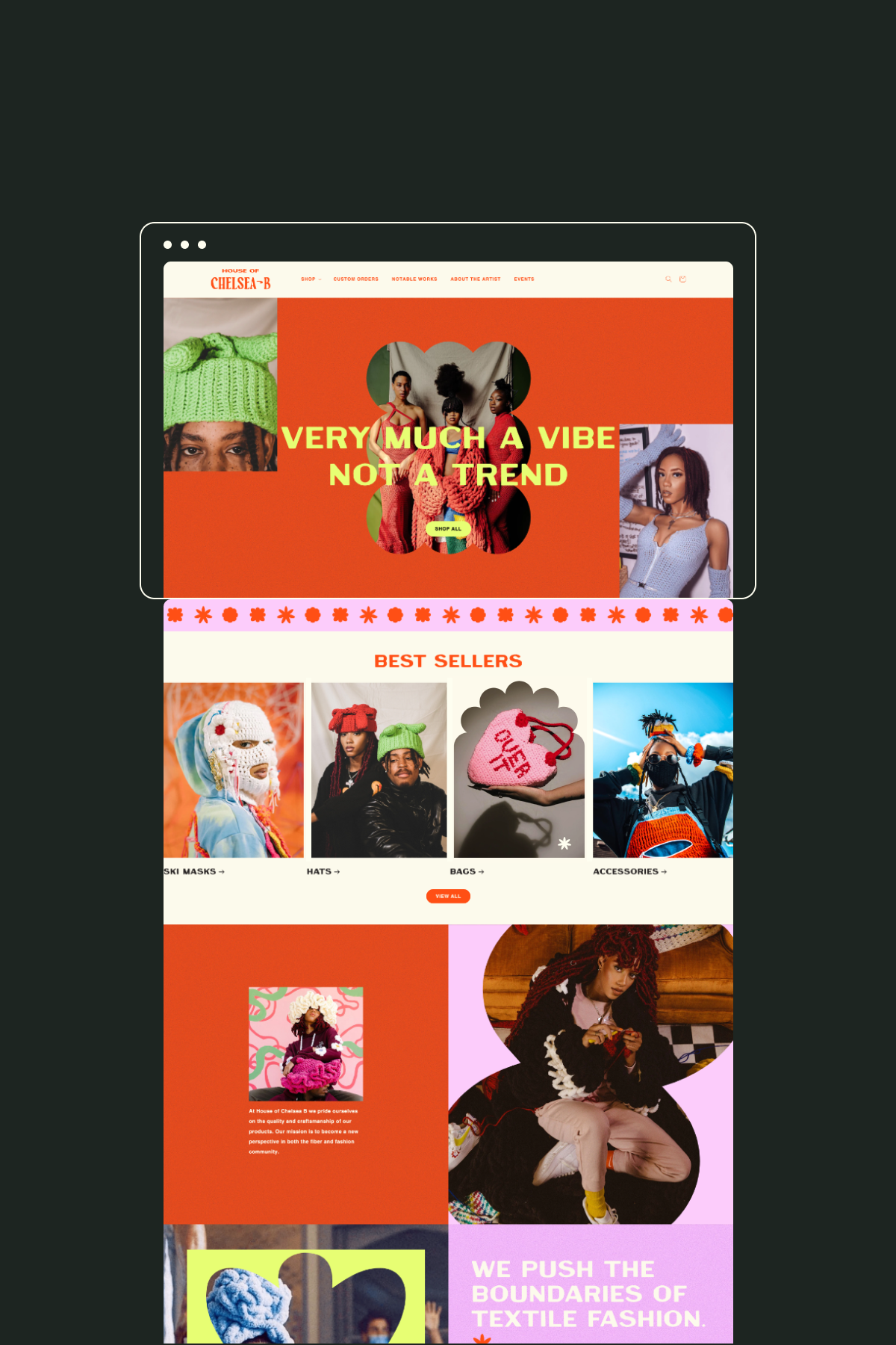 Screenshot of a colorful fashion website homepage featuring models in trendy clothing and accessories, with sections highlighting best sellers like ski masks, hats, bags, and other accessories.