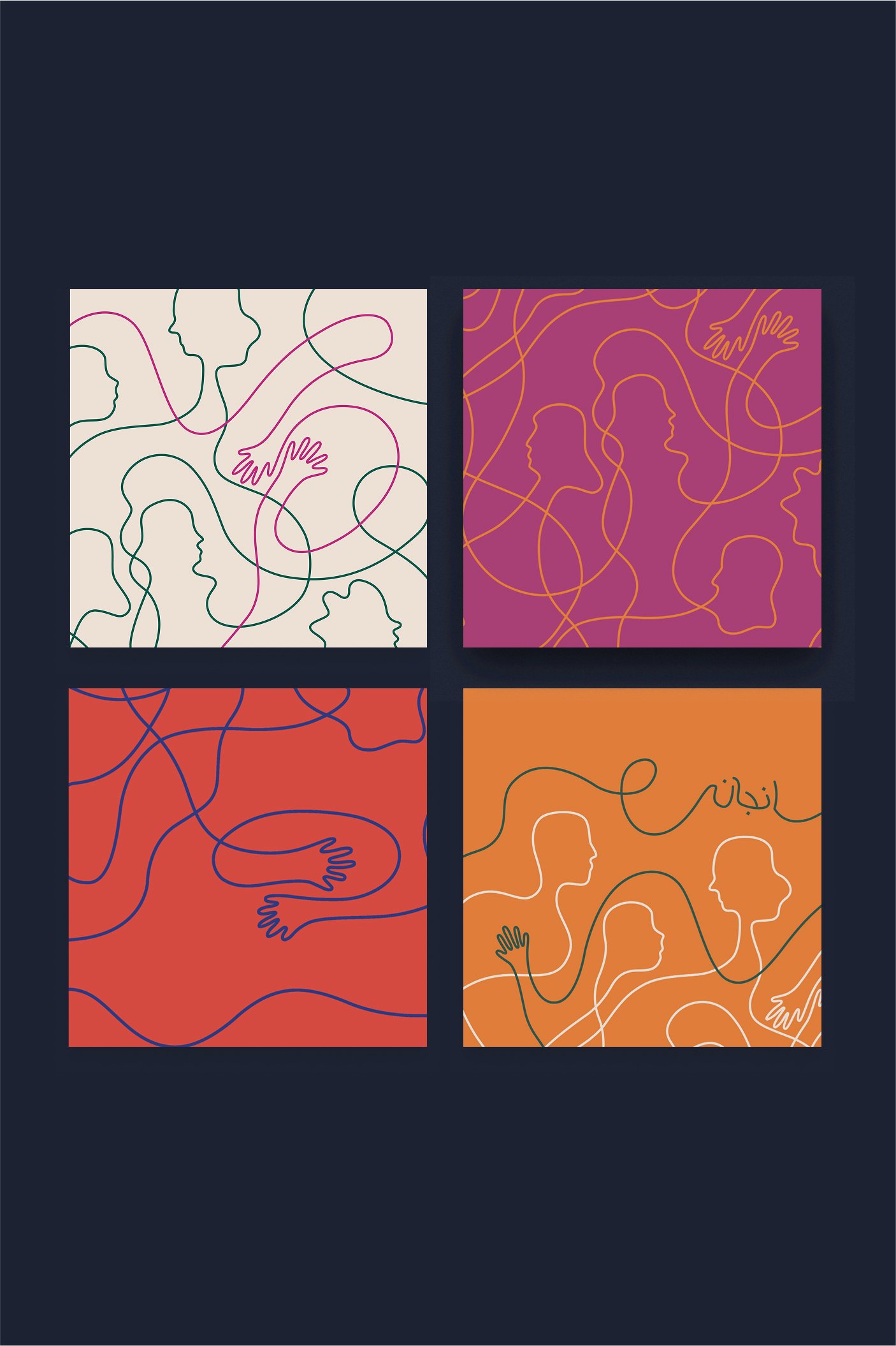 Four colorful square art pieces with line drawings of women's profiles and abstract shapes on different background colors: cream, purple, red, and orange.