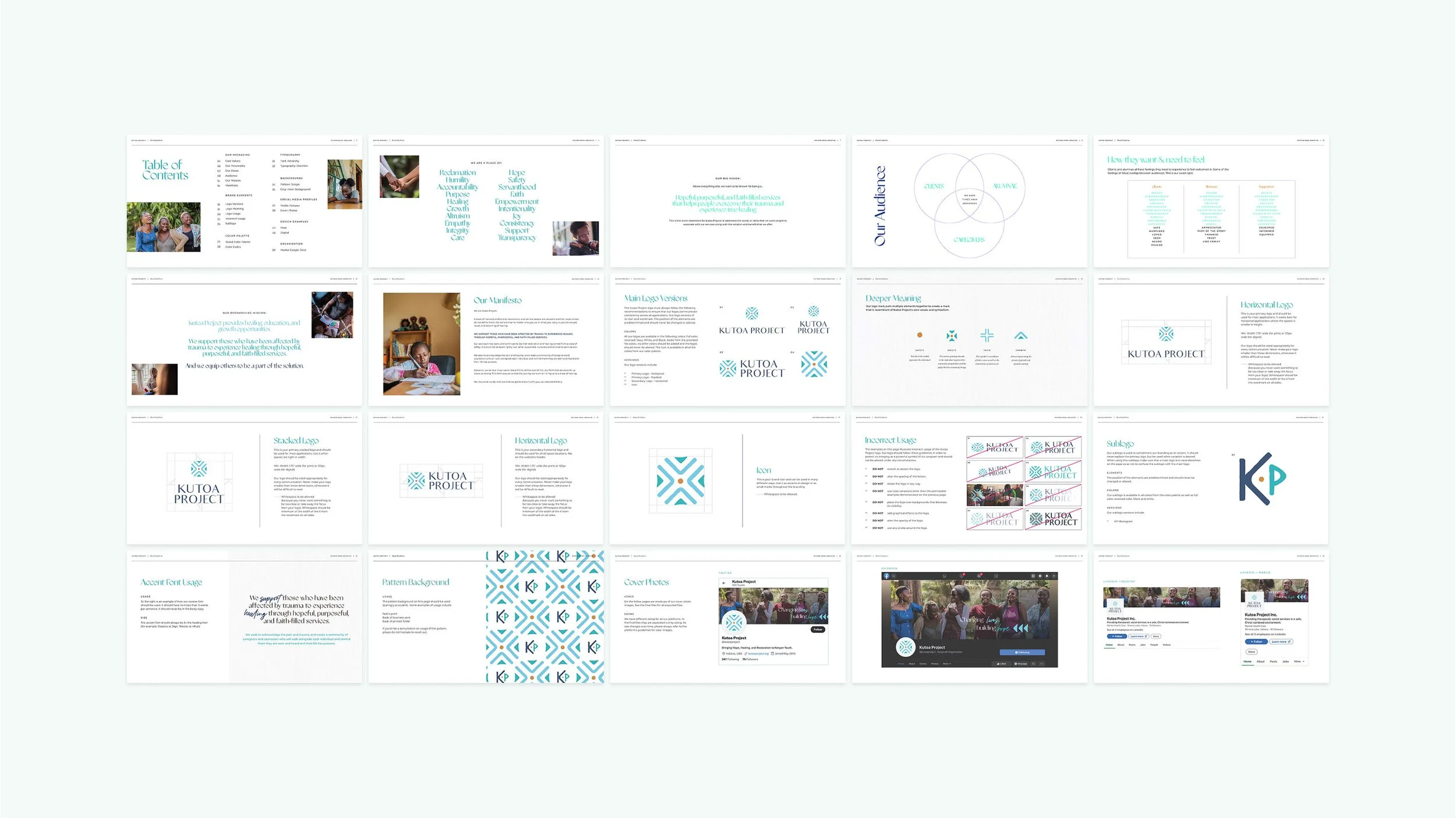 A presentation or branding guide for the Kutoa Project, including logo designs, color schemes, and social media content, with photos of people and text explaining the project.