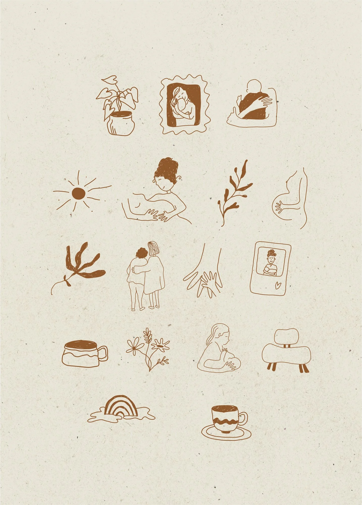 Illustration of various sketches including a potted plant, framed picture, person hugging, sun, woman embracing someone, abstract leaves, pregnant belly, two people hugging, holding hands, photo, coffee cup, daisies, breastfeeding woman, rainbow, modern chair, and another coffee cup on a saucer.