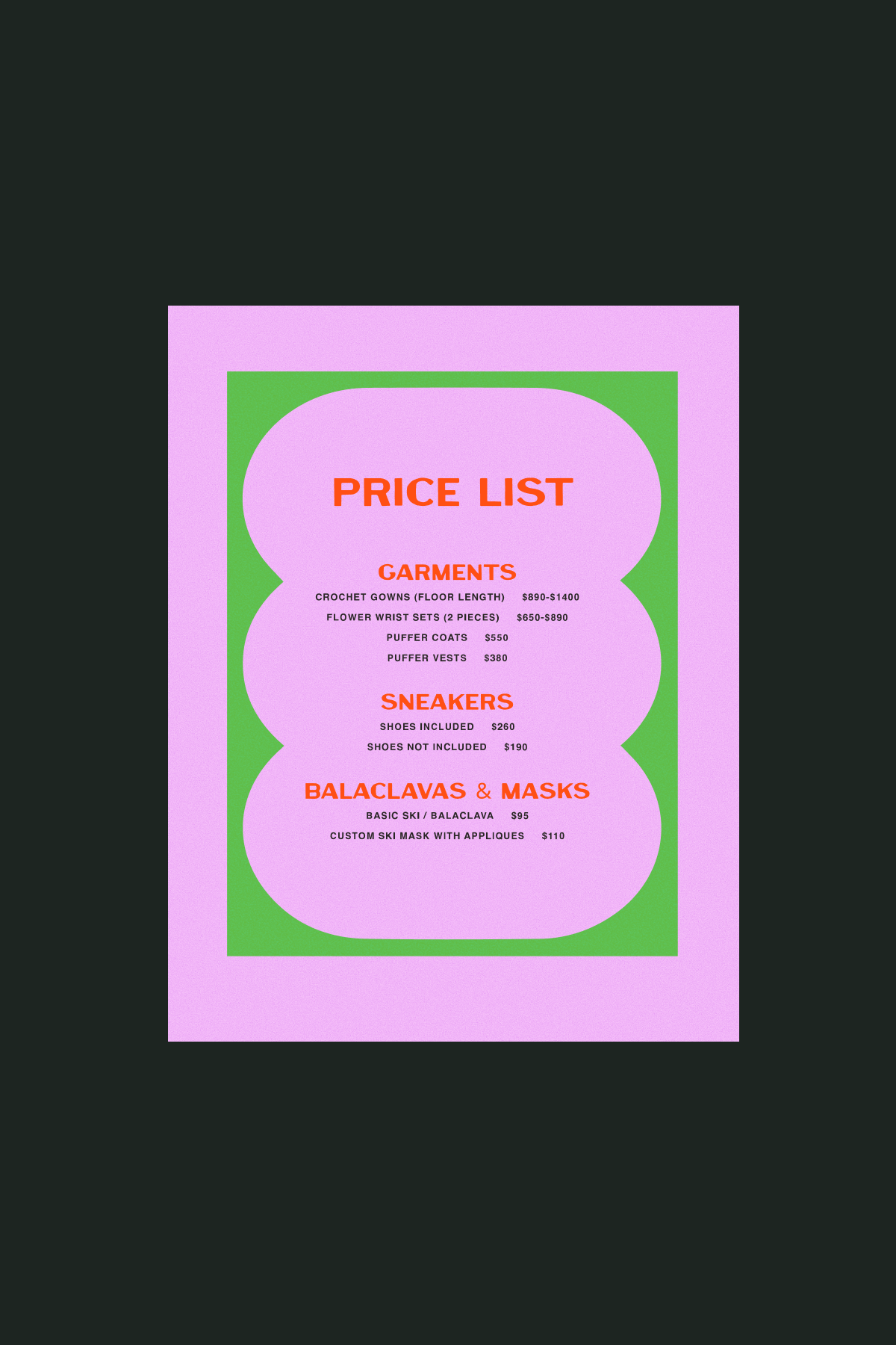 Colorful price list flyer with sections for garments, sneakers, and masks, displaying items and prices.