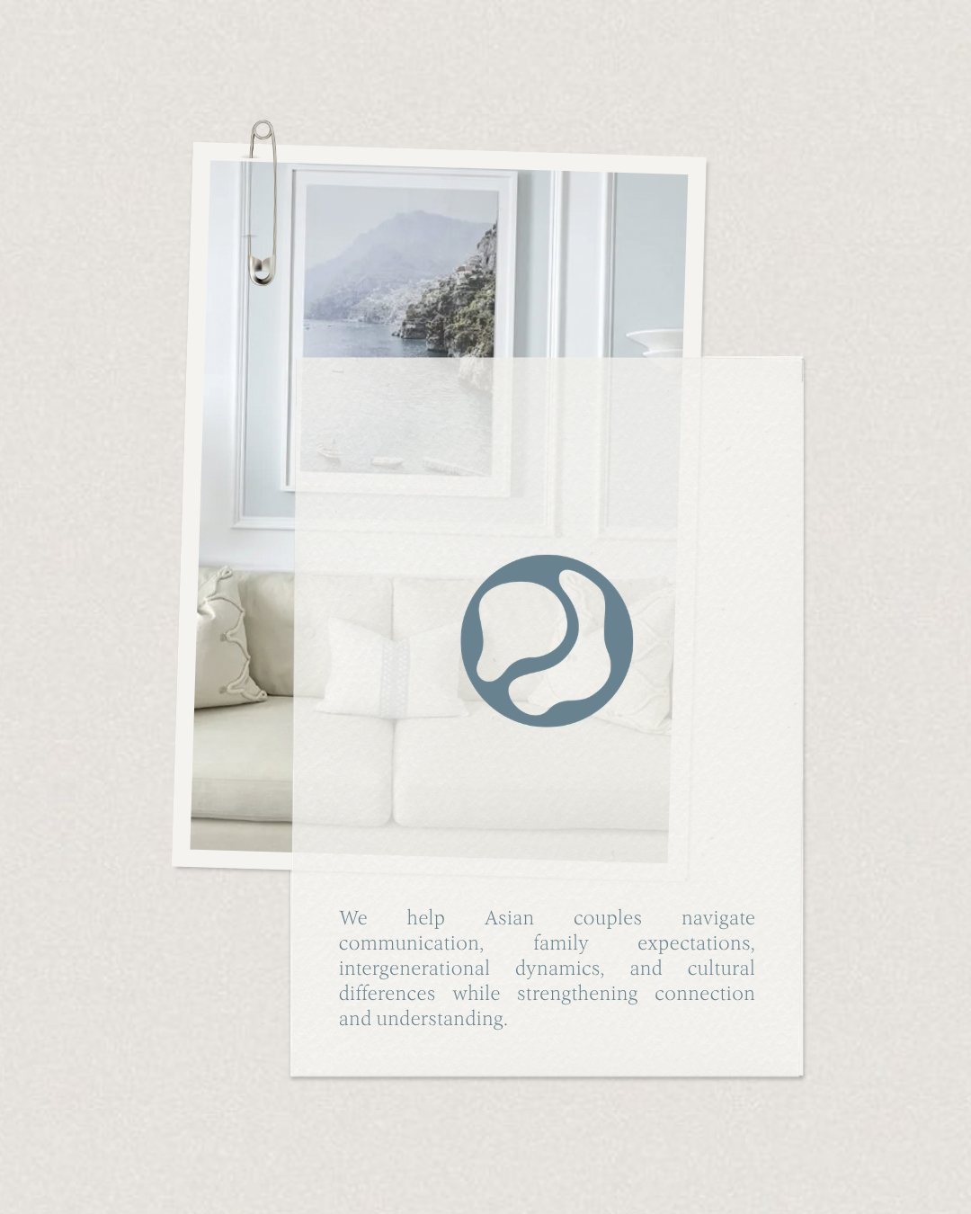 Collage of therapy pamphlets and interior decor images with text about Atlas Therapy, focusing on relationship therapy, family, and individual counseling in a modern, light-colored living space.