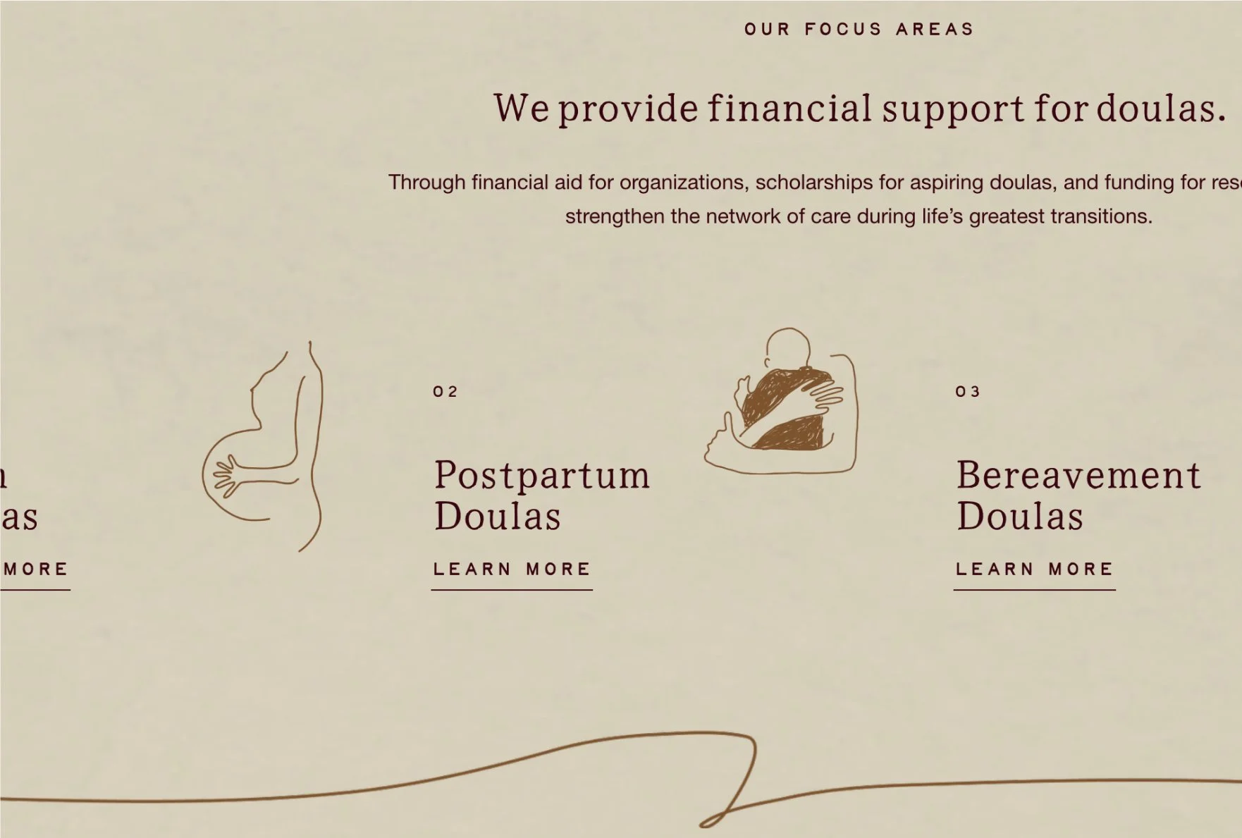 Infographic about financial support for doulas, including postpartum and bereavement types. Simple line illustrations depict a pregnant figure and a person holding a baby.
