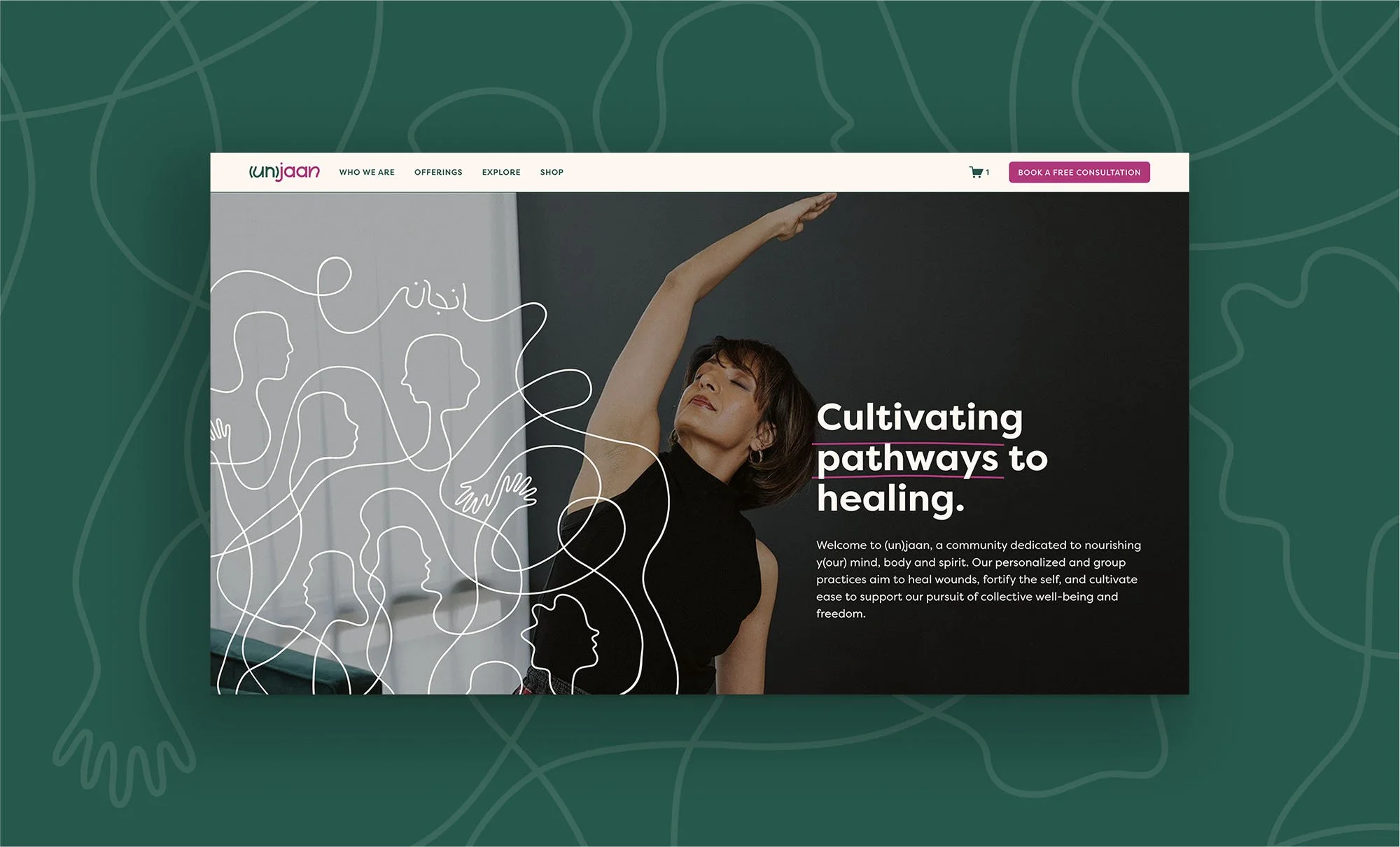 Website homepage for (un)jaan, a community focused on healing and well-being, featuring a woman with her eyes closed and arm raised, with line art of multiple heads in the background.