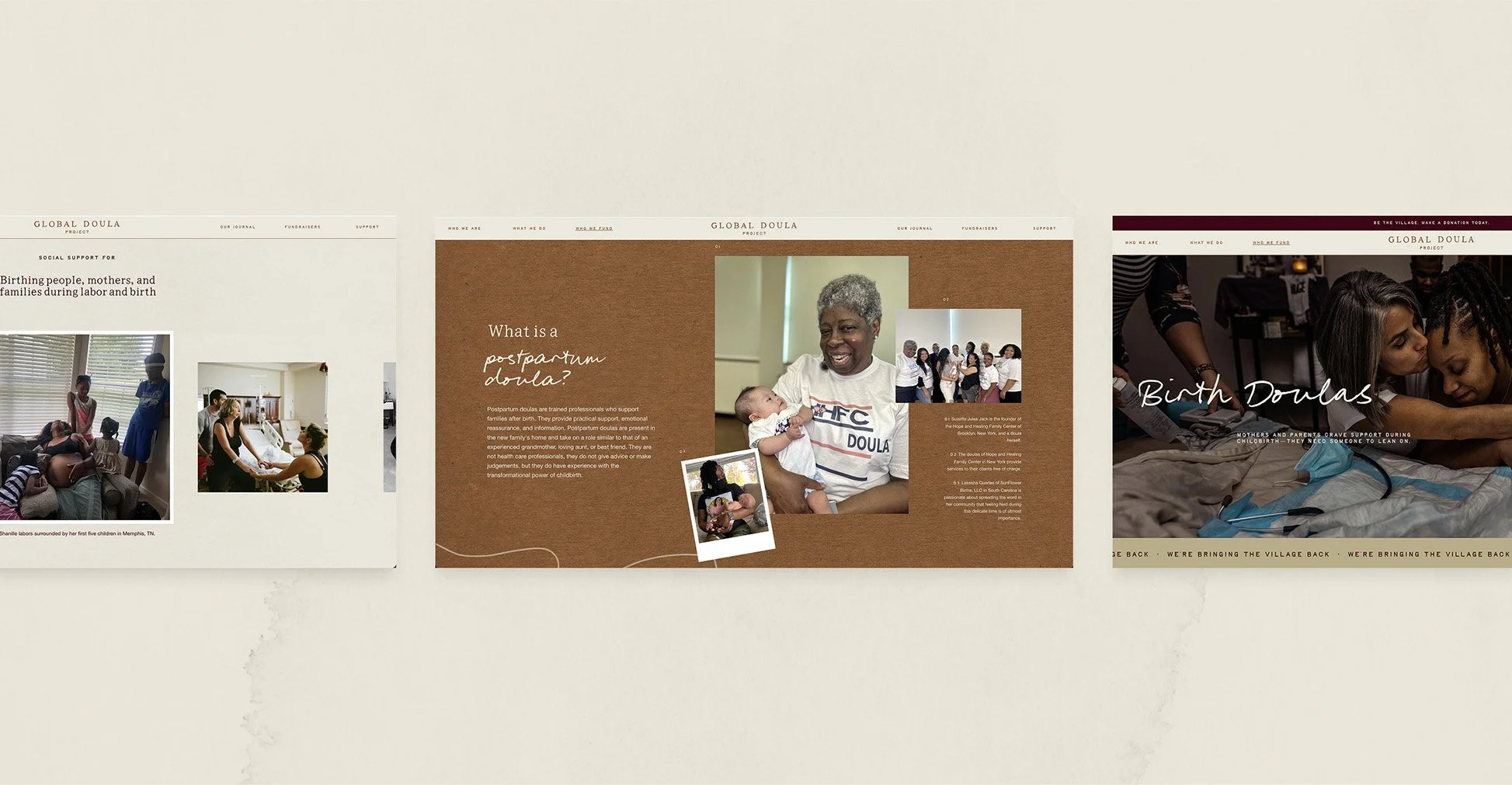 Collage of three images about the Global Doula Project, showcasing doulas supporting birthing people and families, with text discussing the role of postpartum and birth doulas.